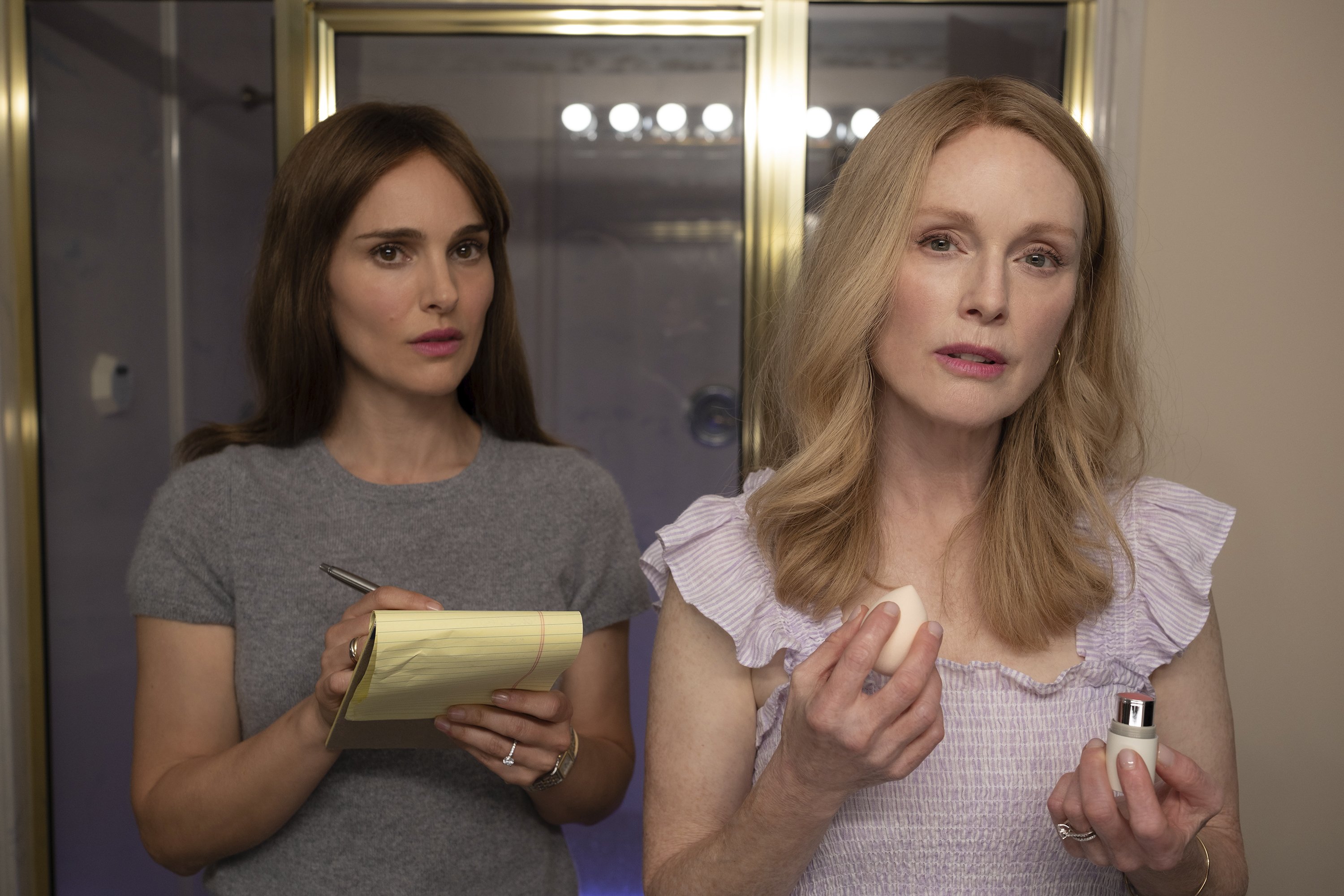 Oscar-winners Natalie Portman (left) and Julianne Moore star in May December. Photo / AP