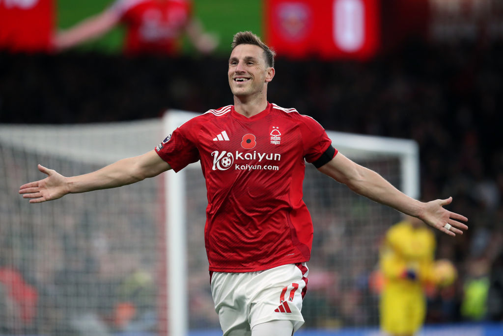 Chris Wood celebrates scoring his eighth goal of the season for Nottingham Forest. Photo / Getty Images