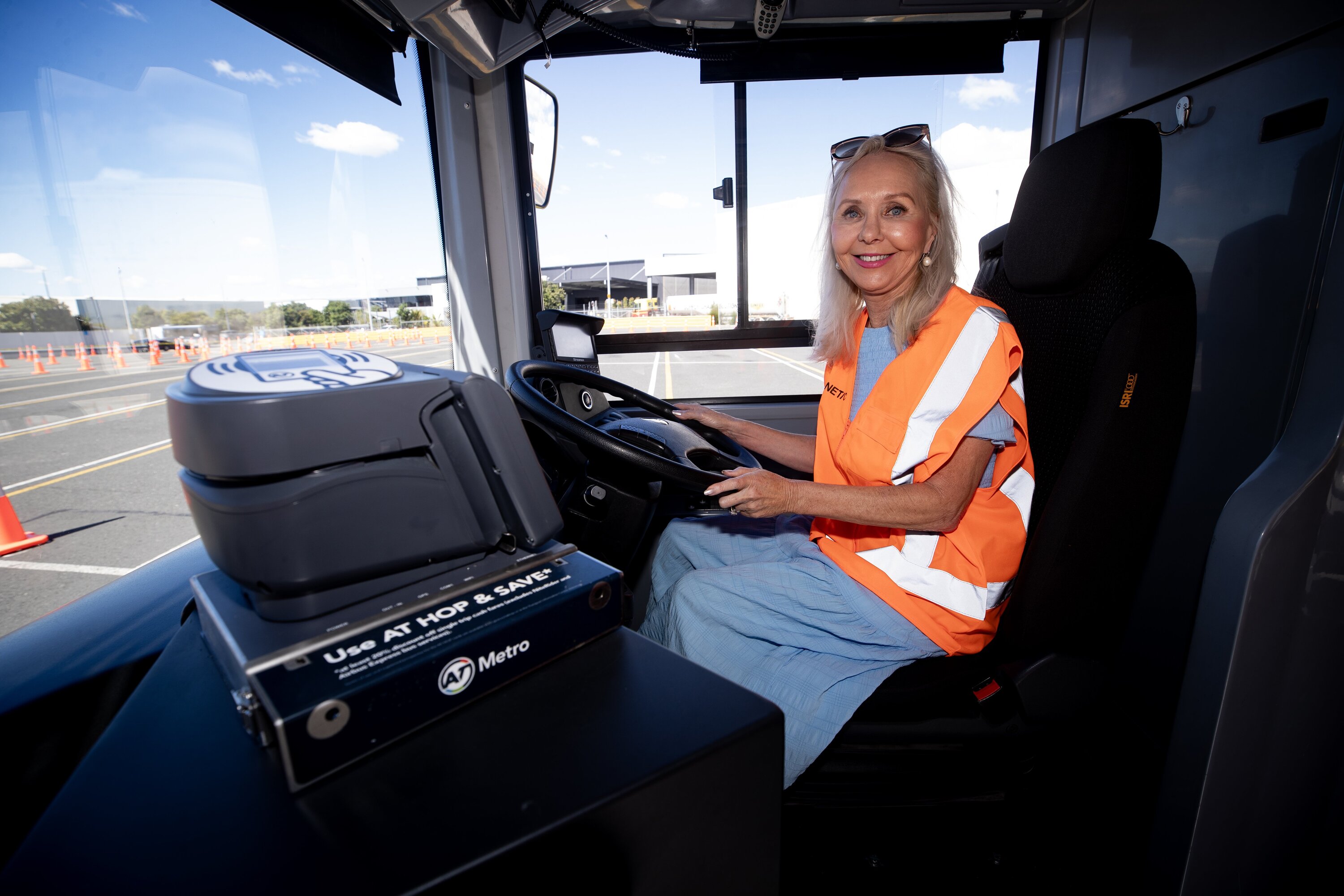 Who's going to drive the bus? Auckland Deputy Mayor Desley Simpson takes a test drive in Auckland’s first electric double decker bus. Photo / Dean Purcell