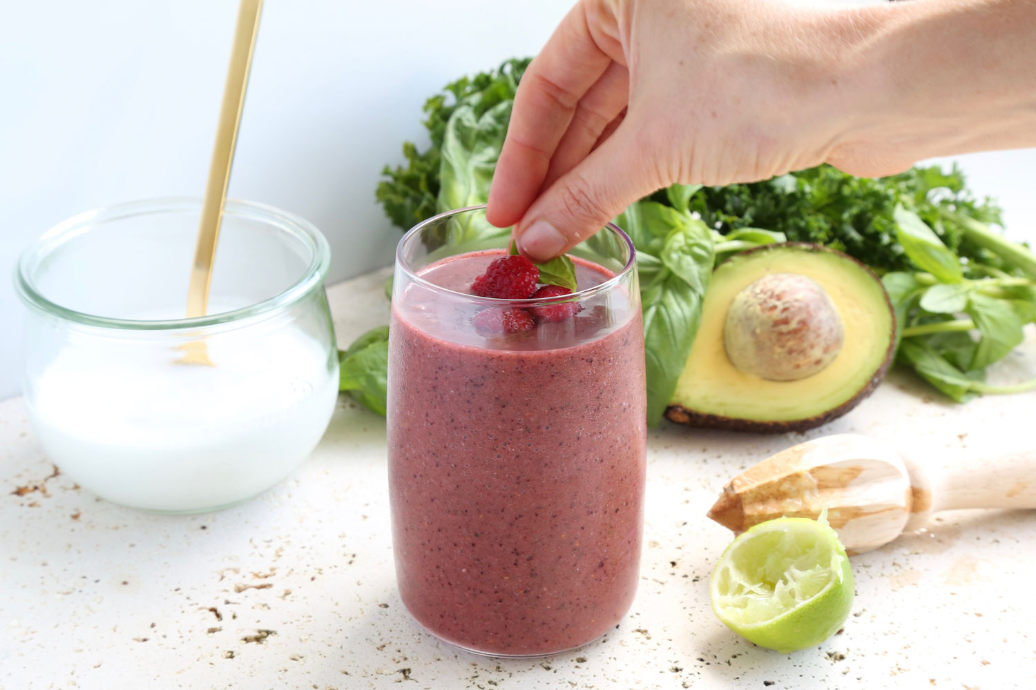 Berries, basil and lime coconut yoghurt breakfast smoothie made by Little Bird's Megan May using a Vitamix. Picture / Supplied