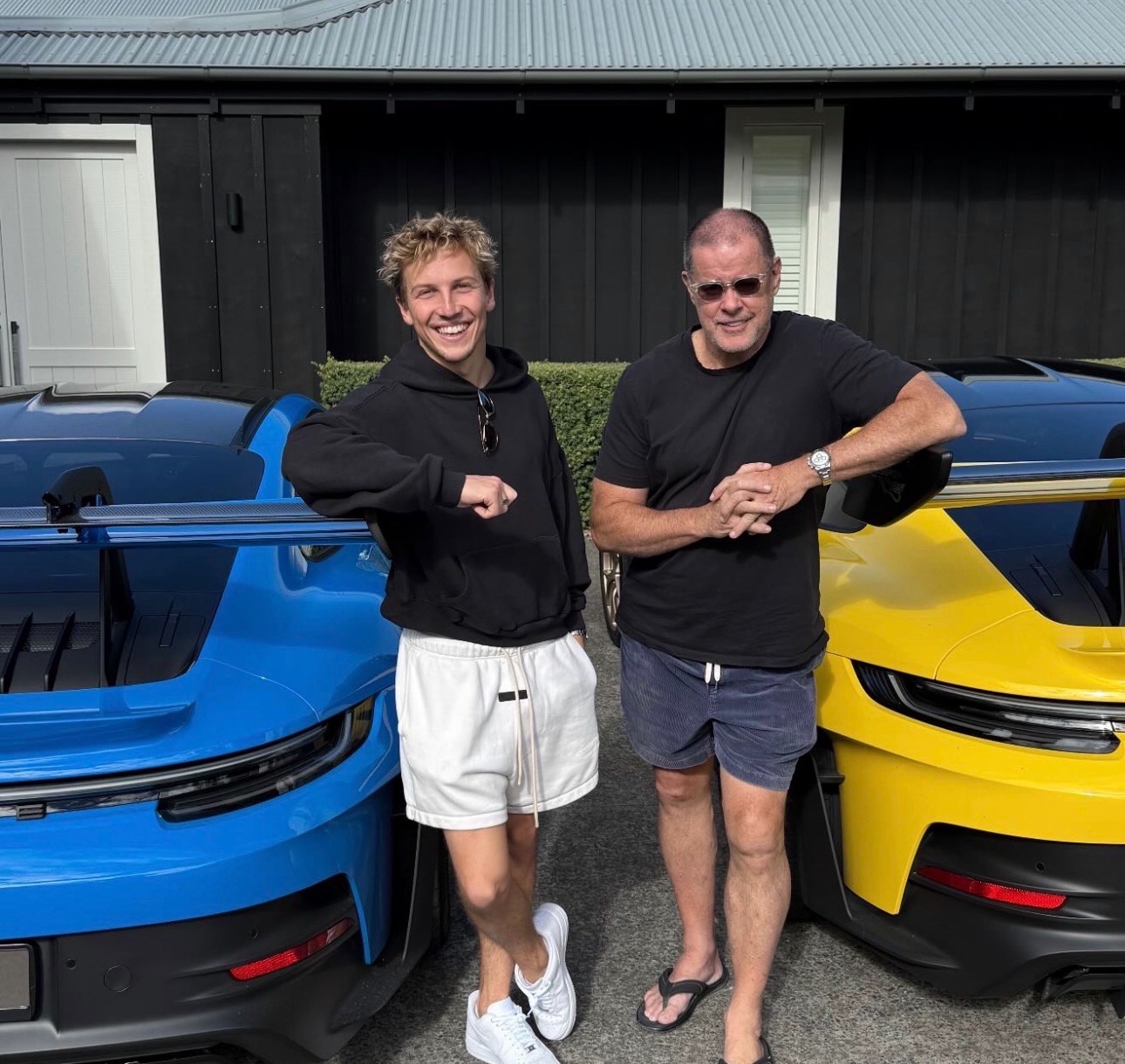 Liam Lawson (left) and Grant Baker (right) ahead of their supercar road trip. Photo / @GrantkBaker