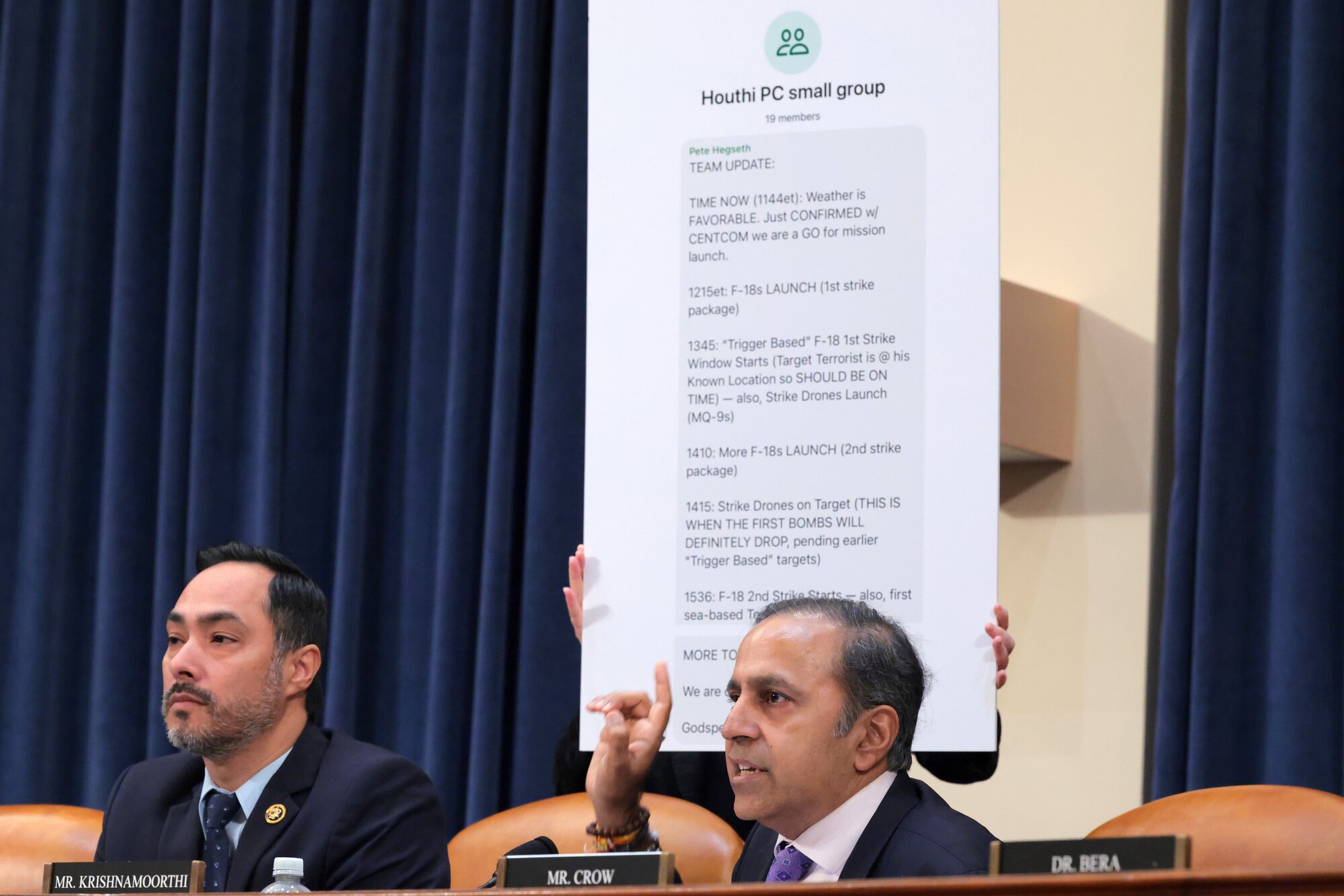 US Representatives Raja Krishnamoorthi and Joaquin Castro in front of Signal messages by Defense Secretary Pete Hegseth during a hearing with top aides from the Trump administration about the group chat. Photo / Getty Images