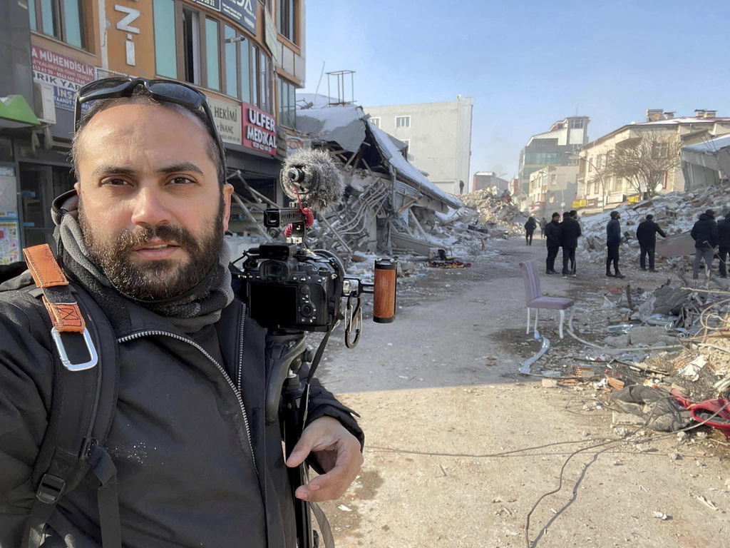 Issam Abdallah, a videographer for news agency Reuters, poses for a selfie while working in Maras, Turkey, on February 11, 2023. Abdallah was killed on October 13 when an Israeli shell landed in a gathering of international journalists in Lebanon. Photo / via AP