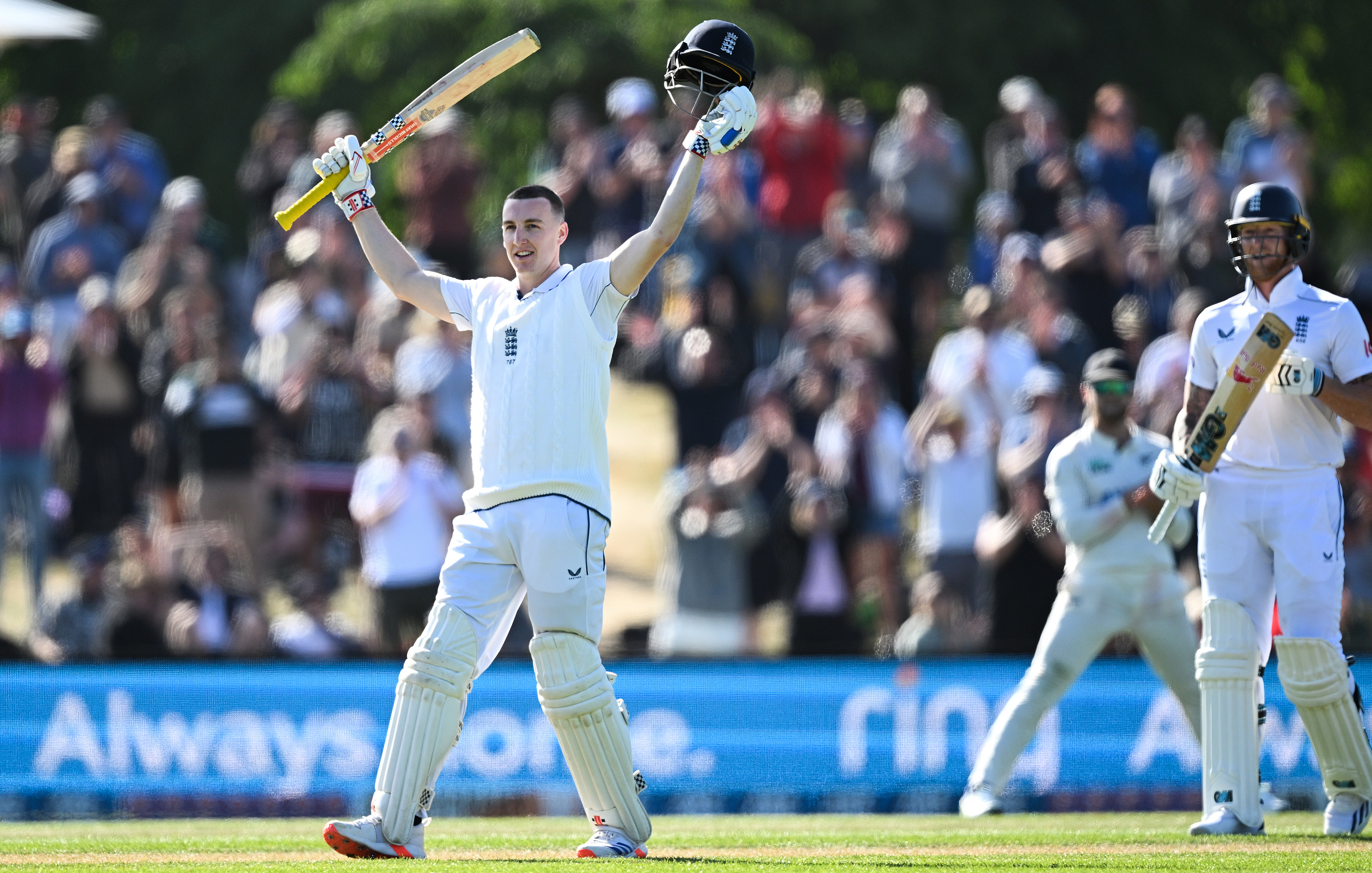 Harry Brook celebrates his century on day two of the first test. Photo / Photosport
