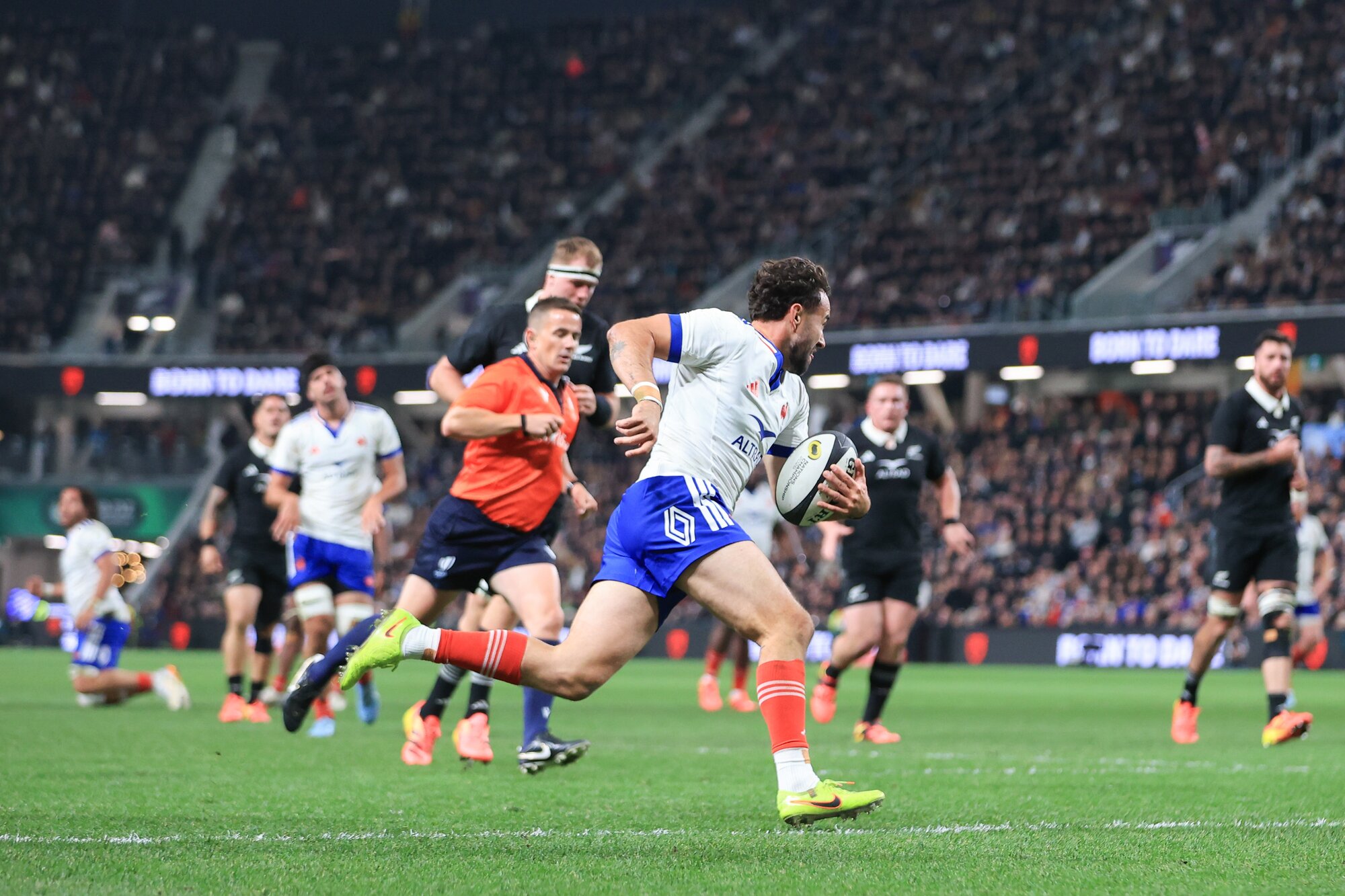 Antoine Hastoy scores for France against the All Blacks. Photo / Photosport