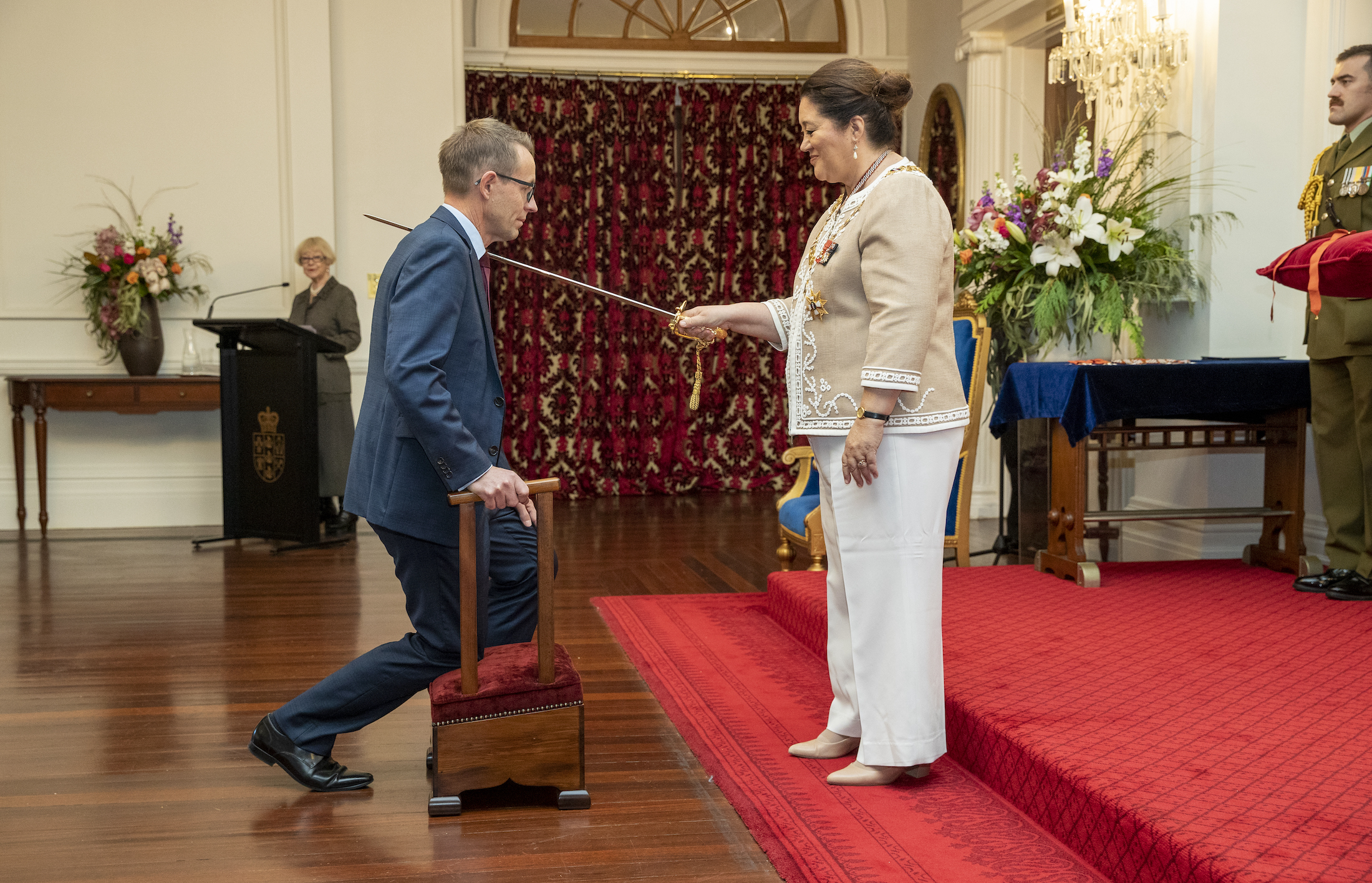 Sir Ashley Bloomfield with Governor-General Dame Cindy Kiro during his investiture ceremony at Government House, Wellington. Photo / Mark Mitchell