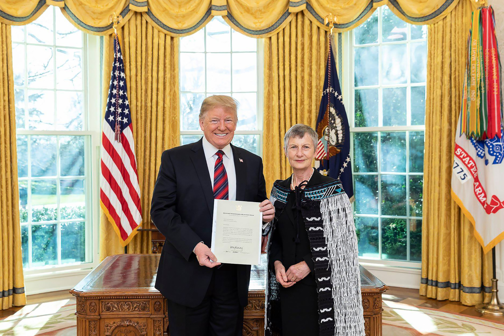 United States President Donald Trump with the New Zealand Ambassador to the US Rosemary Banks in the Oval Office at the White House. Photo / Supplied