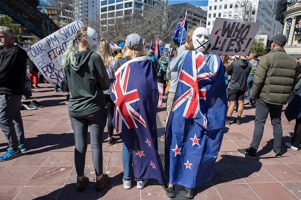 About a few thousand people were out for Advance Party's demonstration against the government's Covid-19 restrictions and lockdowns. Photo / Peter Meecham