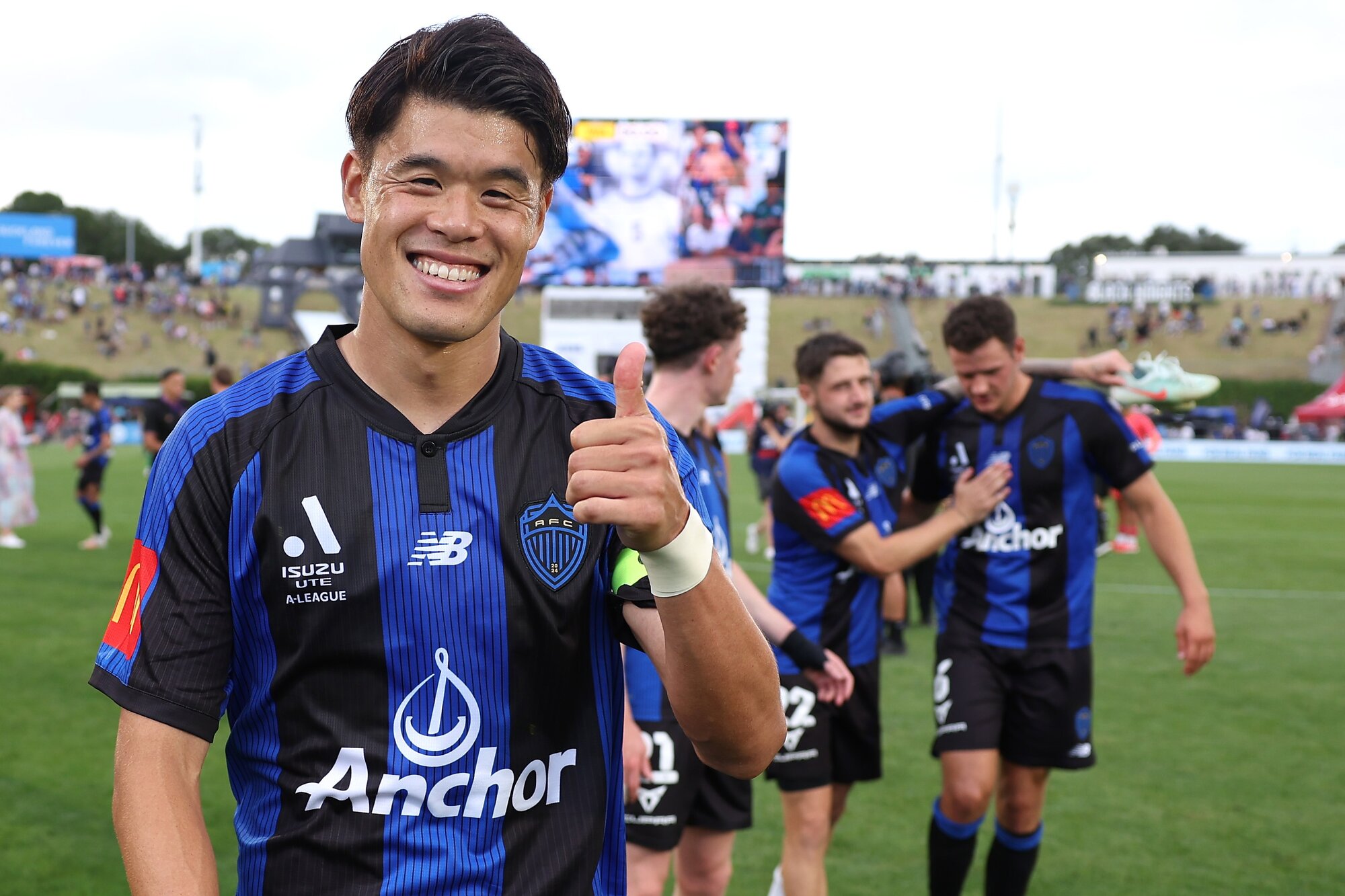 Hiroki Sakai celebrates a derby win. 