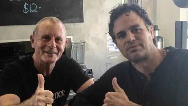 Spike Neumann and Thor: Ragnarok star Mark Ruffalo at Hendrixx Espresso. Photo / Facebook
