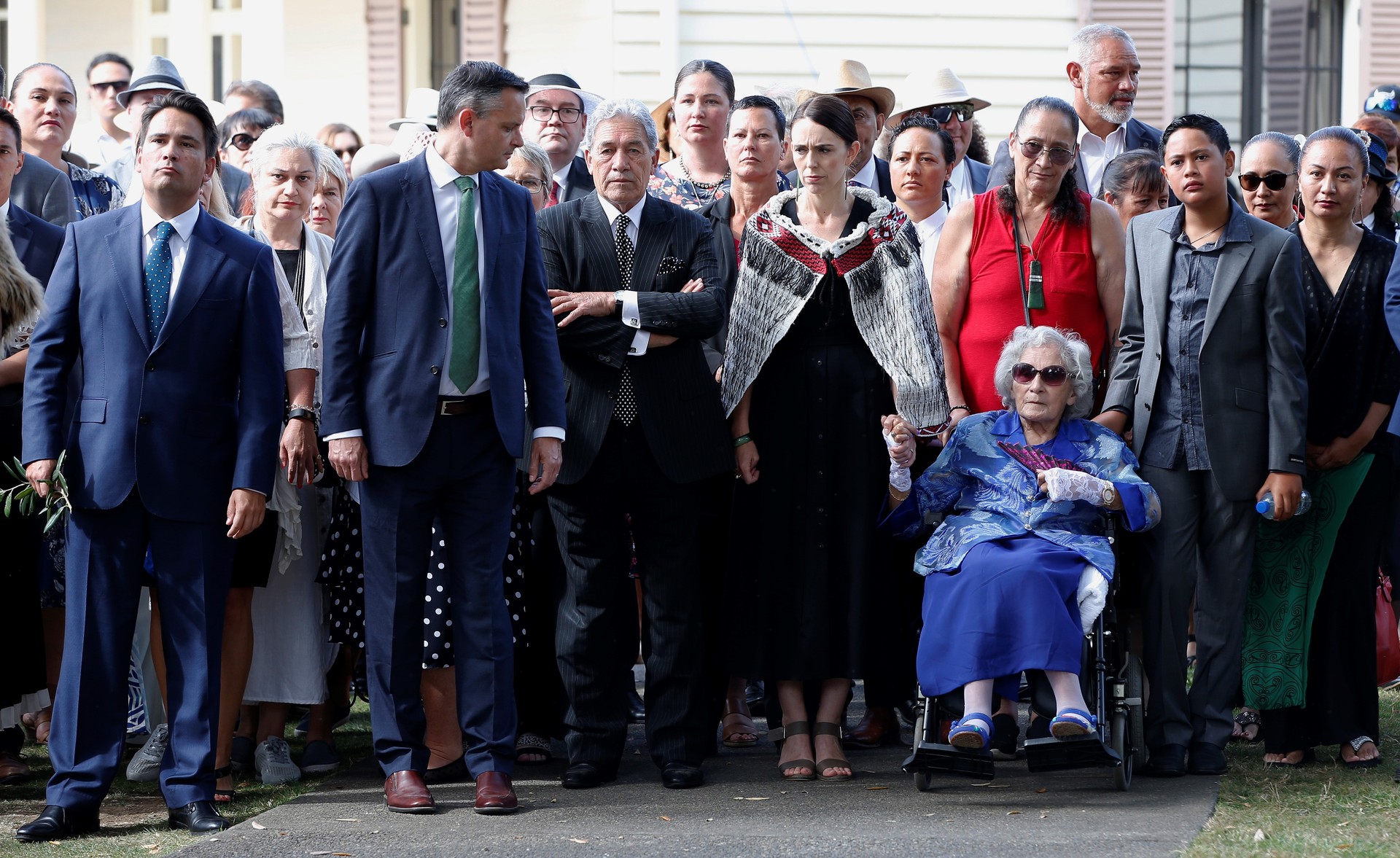 Waitangi 2020: Politicians arrive for their powhiri, with Ngapuhi protest matriarch Titewhai Harawira holding the hand of Prime Minister Jacinda Ardern. Photo / Michael Cunningham