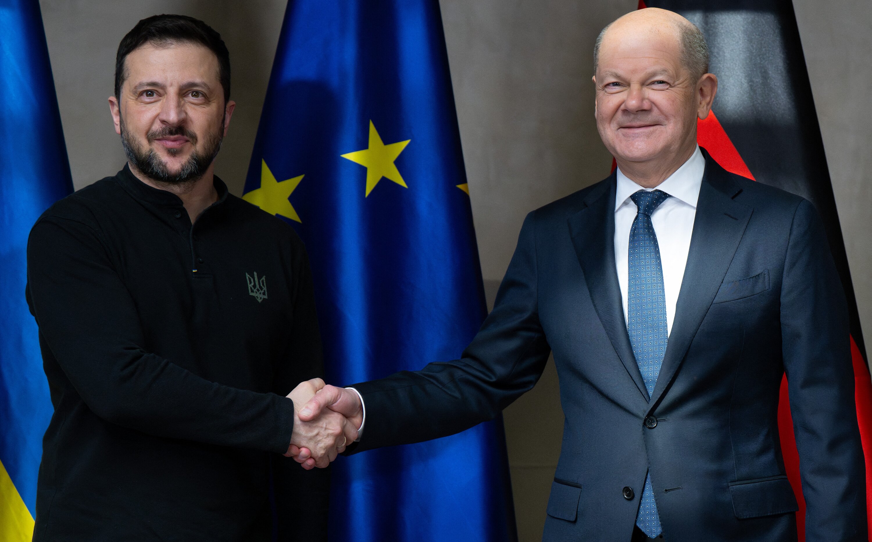 German Chancellor Olaf Scholz shakes hands with Ukrainian President Volodymyr Zelenskyy during a bilateral meeting on the sidelines of the 61st Munich Security Conference on February 15. Photo / AFP