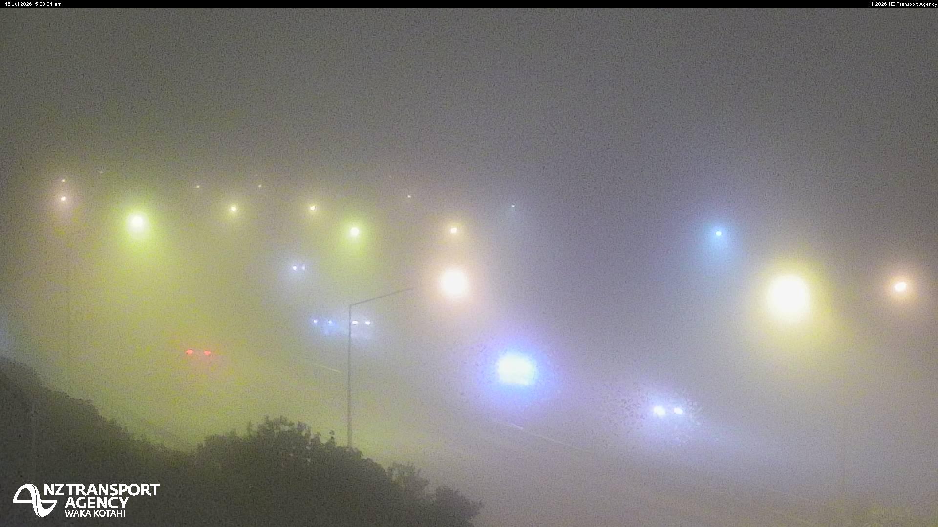 A traffic camera on the Bond St overbridge shows the northwestern motorway  blanketed in fog this morning. Photo / NZTA