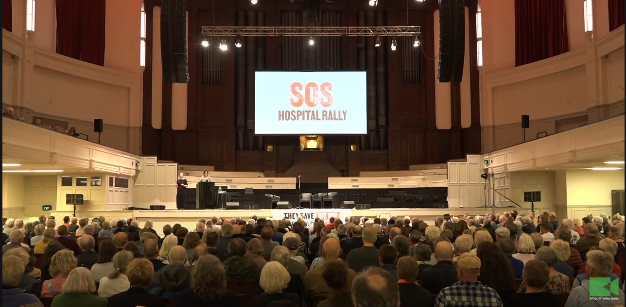 Around 2000 people attended a rally to save the new Dunedin hospital on Monday night. Image/ YouTube