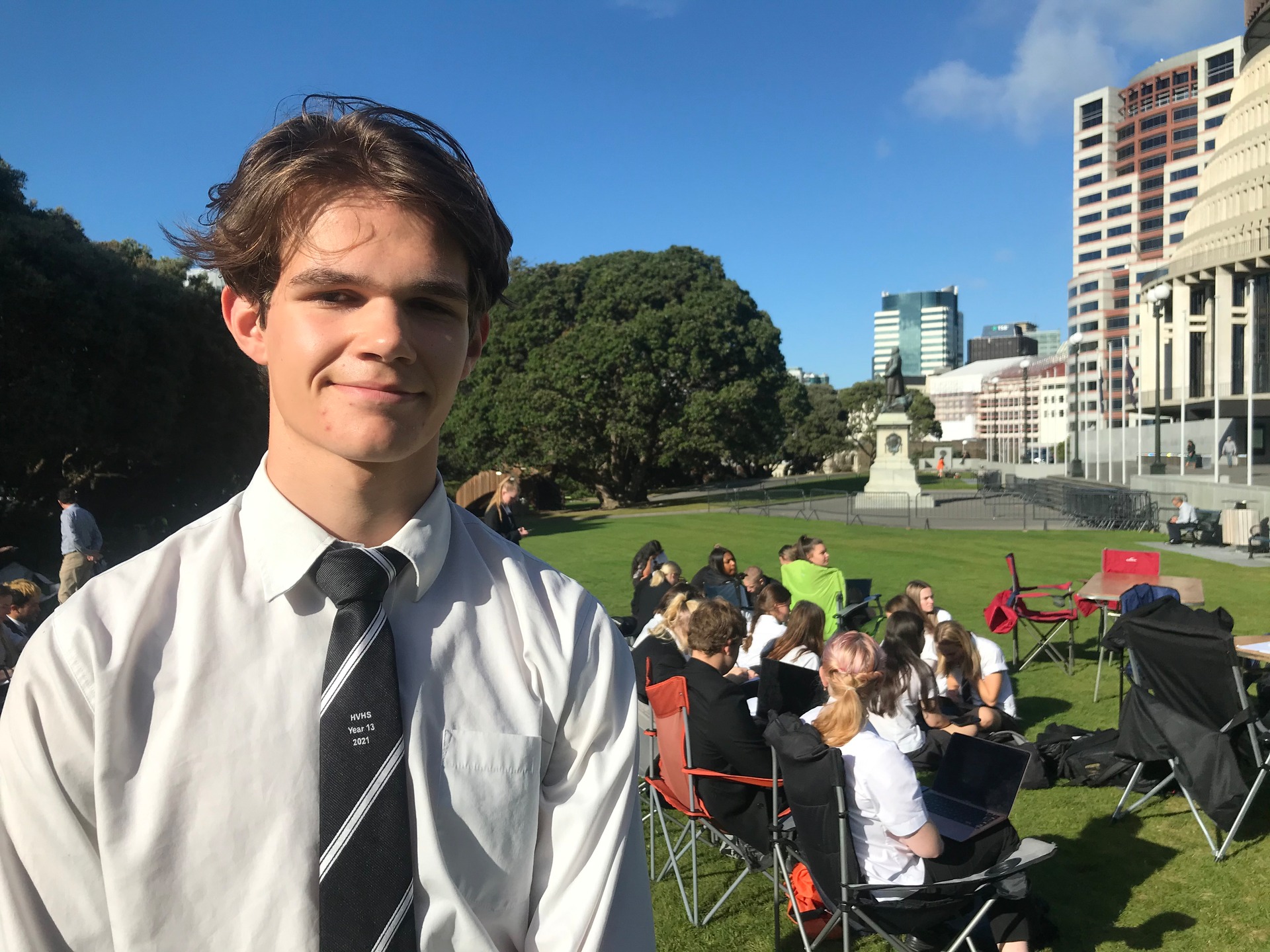 Hutt Valley High School head student Patrick Maslen at the protest. Photo / Katie Harris