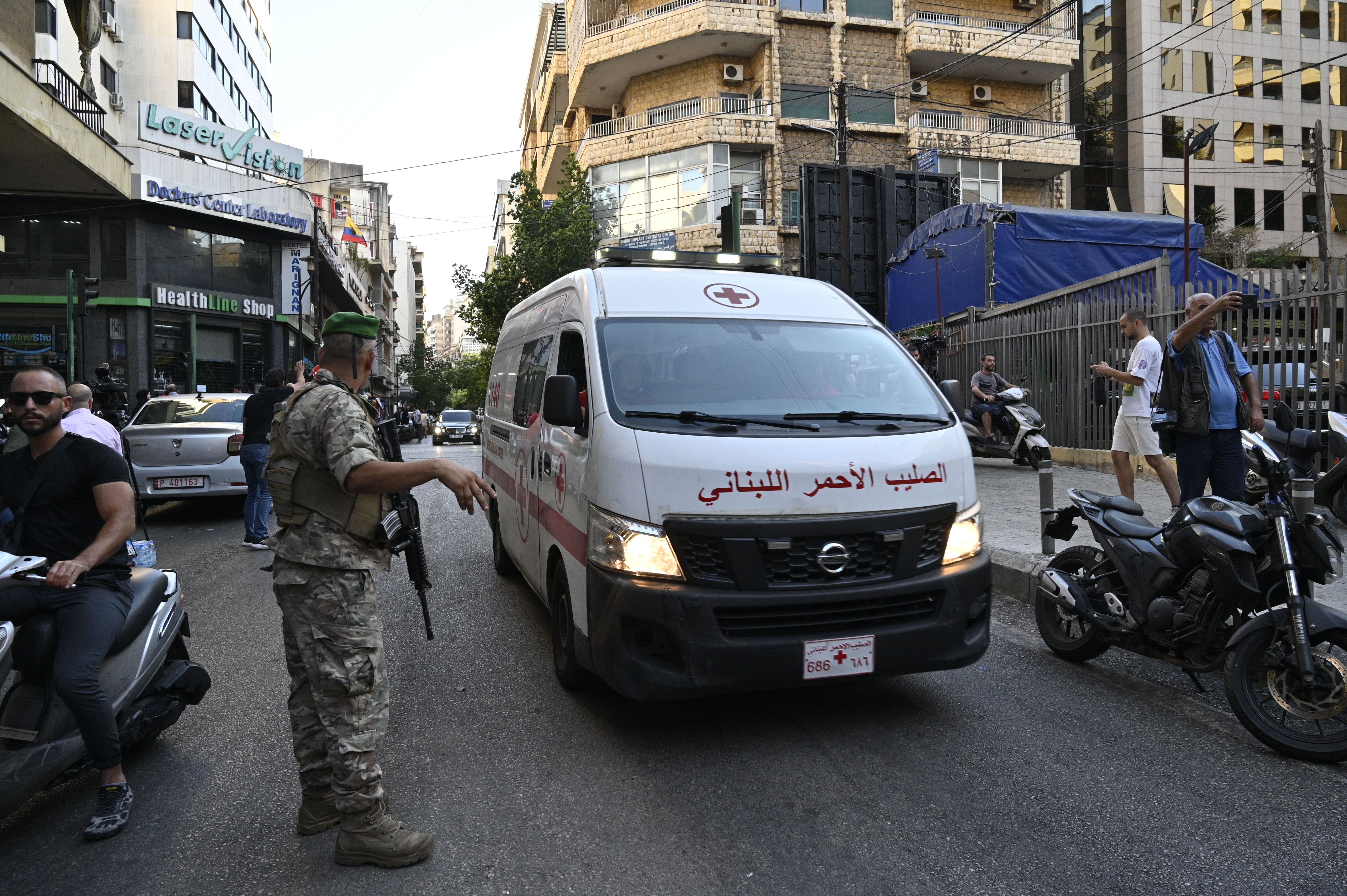 An ambulance arrives at the site after the explosion of the wireless communication devices, known as pagers. Photo / Getty Images