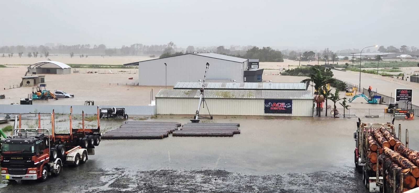 Ace Rental's Dargaville yard was inundated with floodwaters overnight. Photo / Supplied