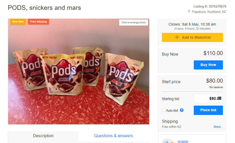 One listing is selling four packets of Pods for $110 buy now on Trade Me. Photo / Supplied