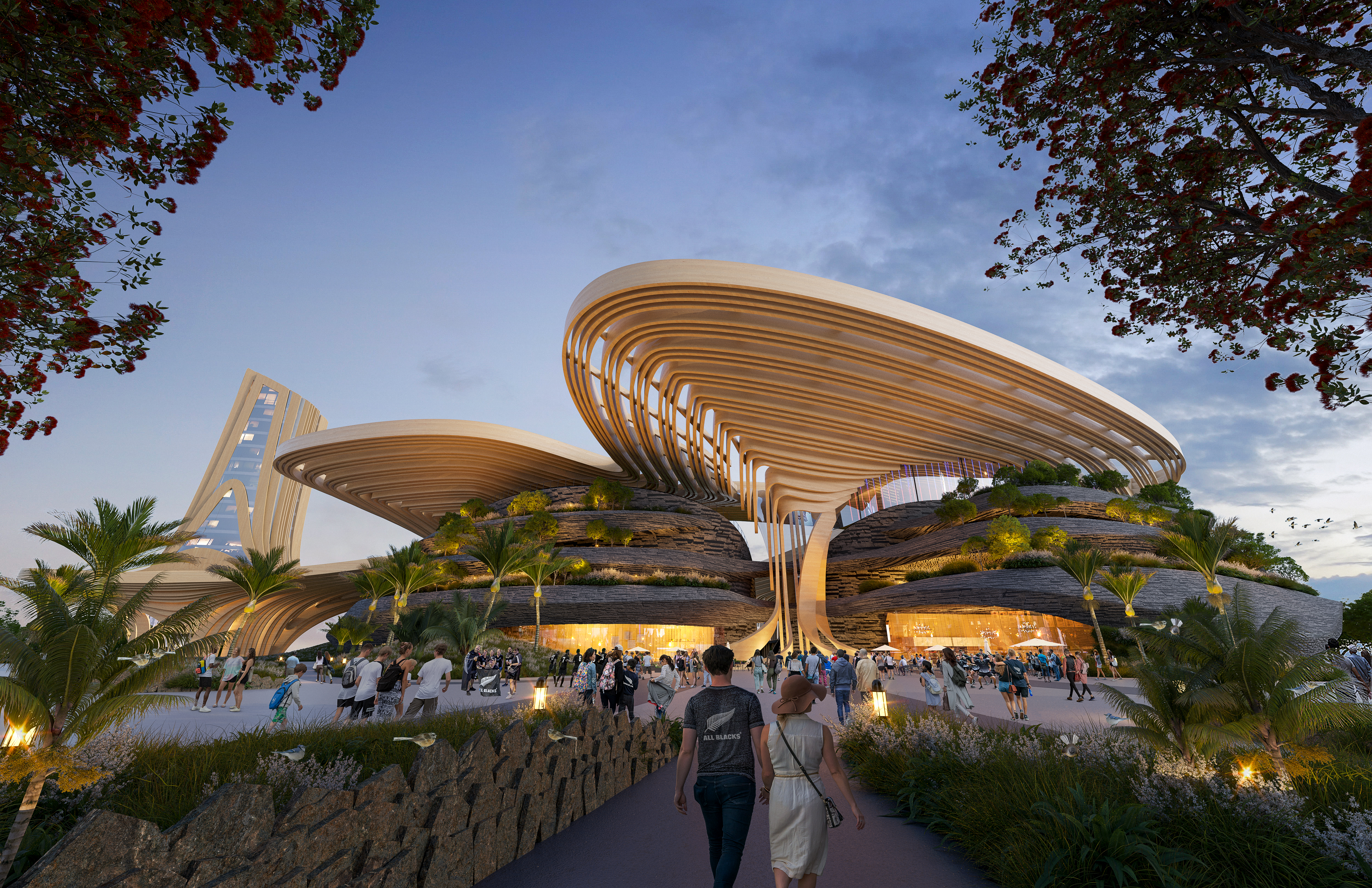An artist's impression of the proposed downtown stadium at Quay Park, flanked by the All Blacks hotel.