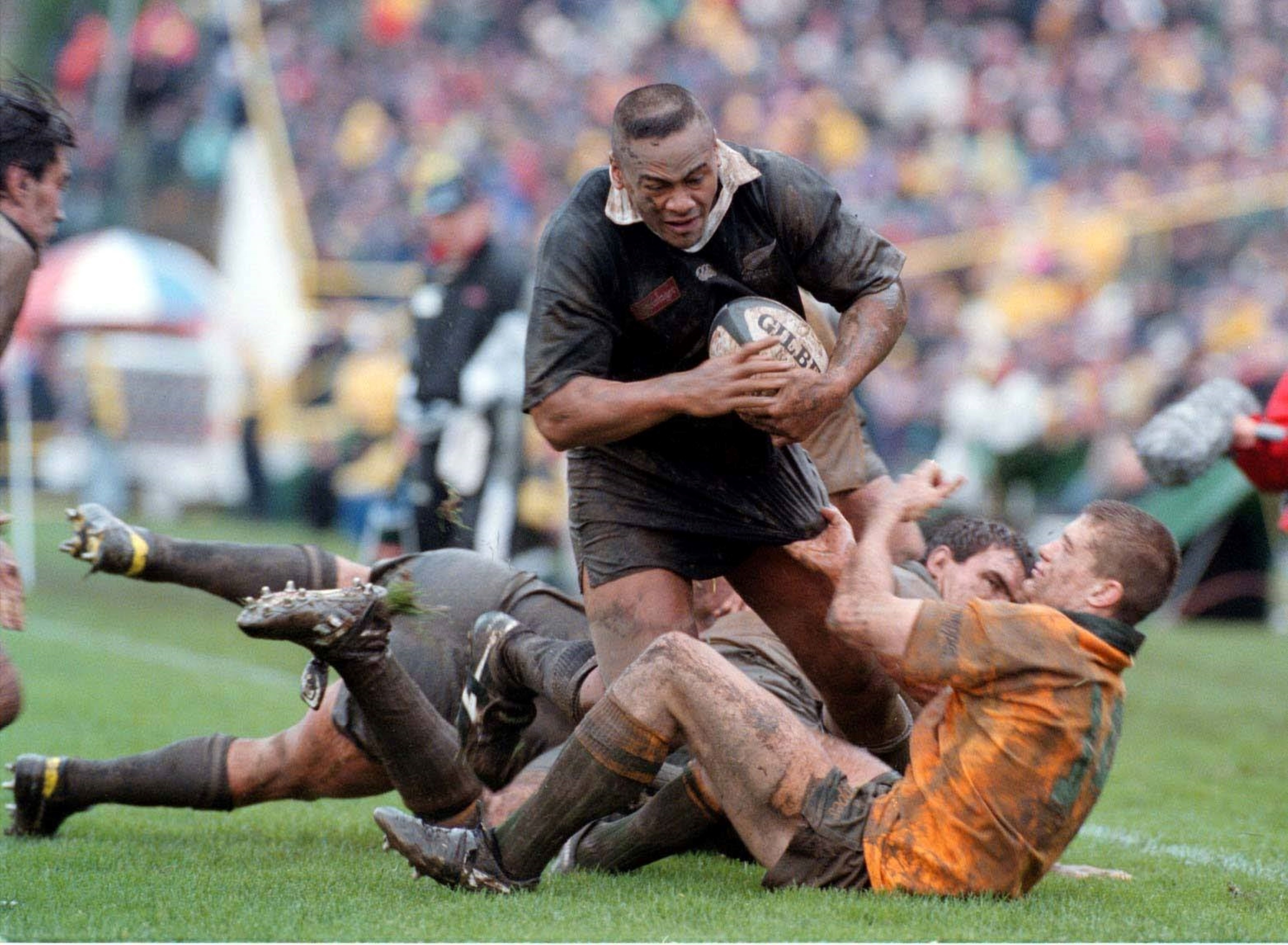 Jonah Lomu scoring a try against Australia in Wellington, 1996. Photo / Nigel Marple Collection.