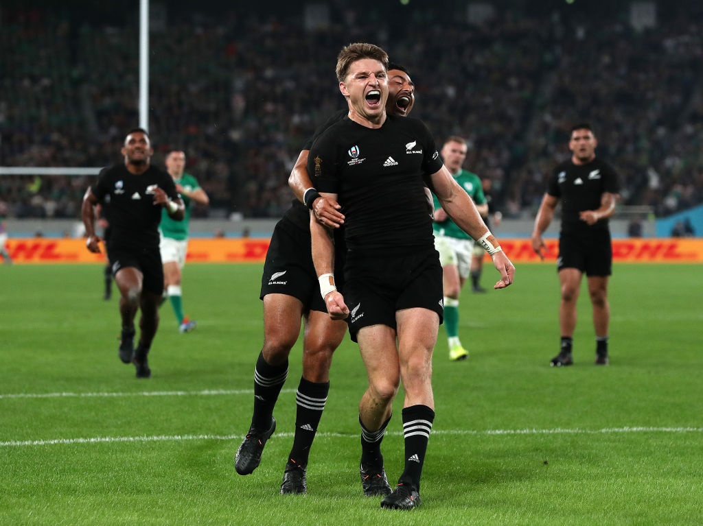 Beauden Barrett of New Zealand celebrates scoring his side's third try. Photo / Getty