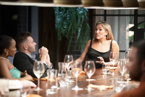 Sara Mesa gets defensive at the dinner party when confronted about her whereabouts last weekend. Photo / Warner Bros Discovery