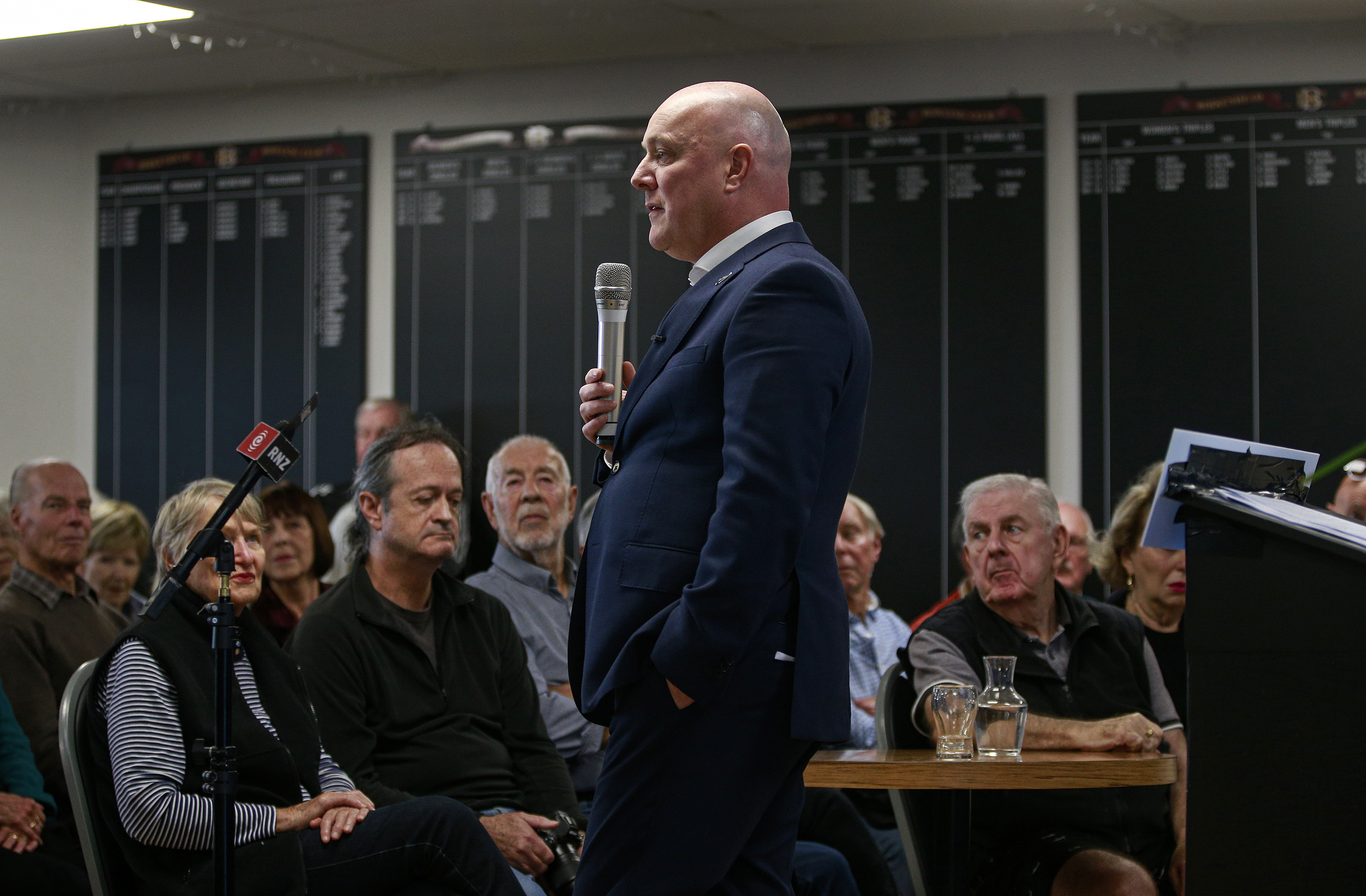Christopher Luxon at a public meeting in Birkenhead, Auckland last month. His favourability score with undecided voters is just one point lower than Chris Hipkins. Photo / Alex Burton