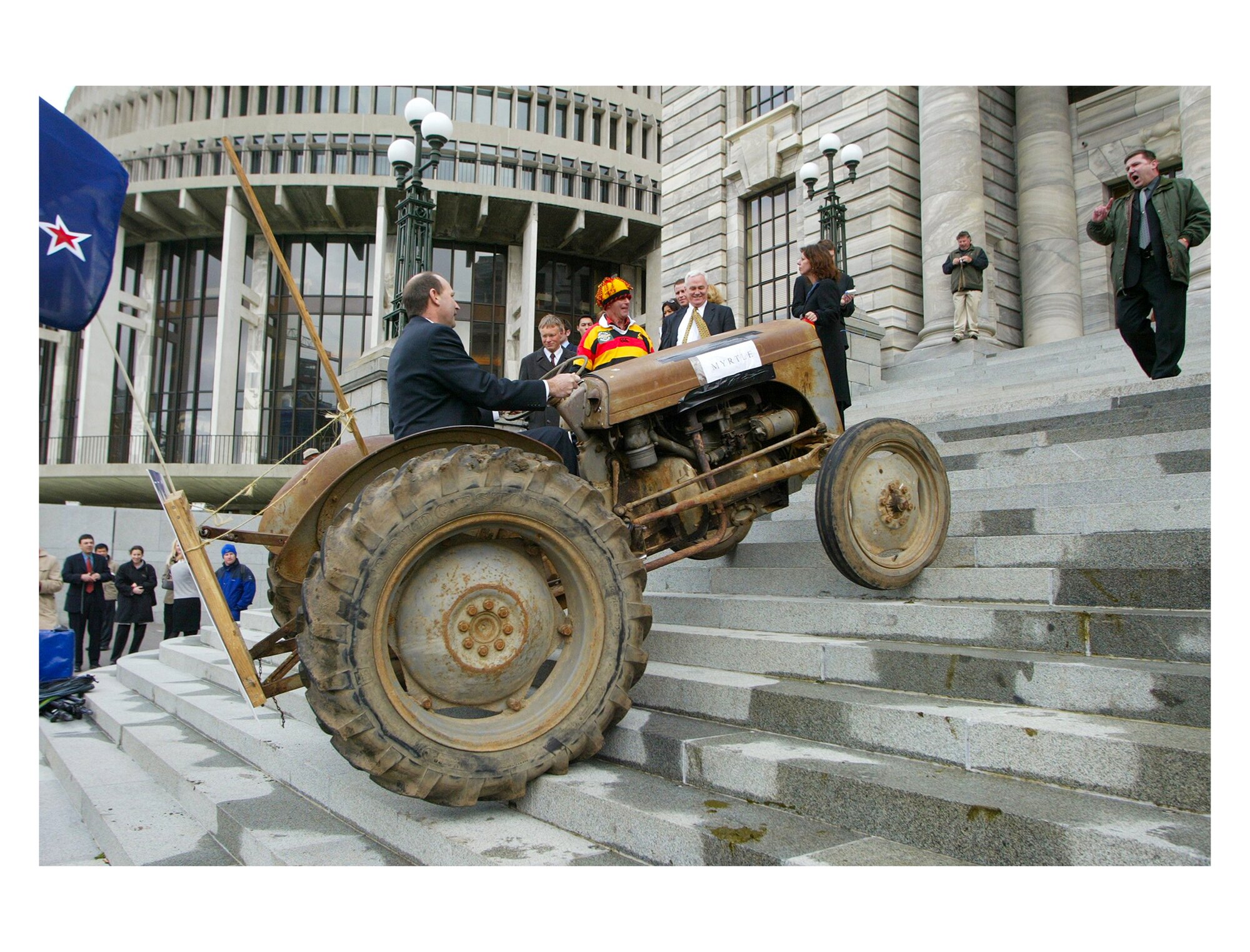 National MP Shane Ardern drives a tractor up Parliament steps during the anti-fart tax protest in September, 2003. Photo / Mark Mitchell
