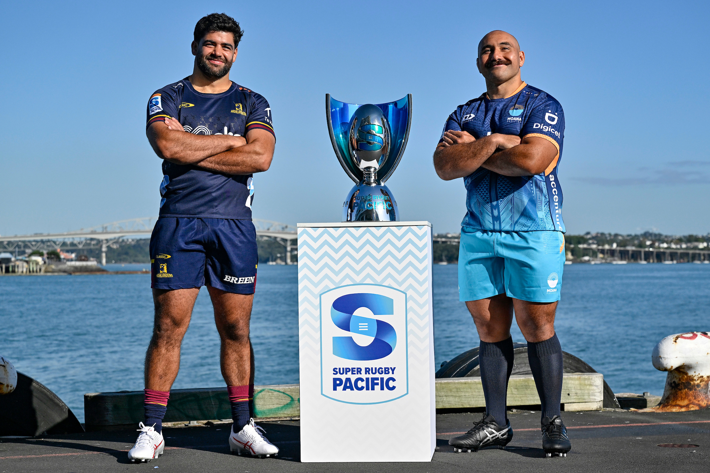 Billy Harmon of the Highlanders and James Lay of Moana Pasifika. The two sides play each other in round one. Photo / Photosport