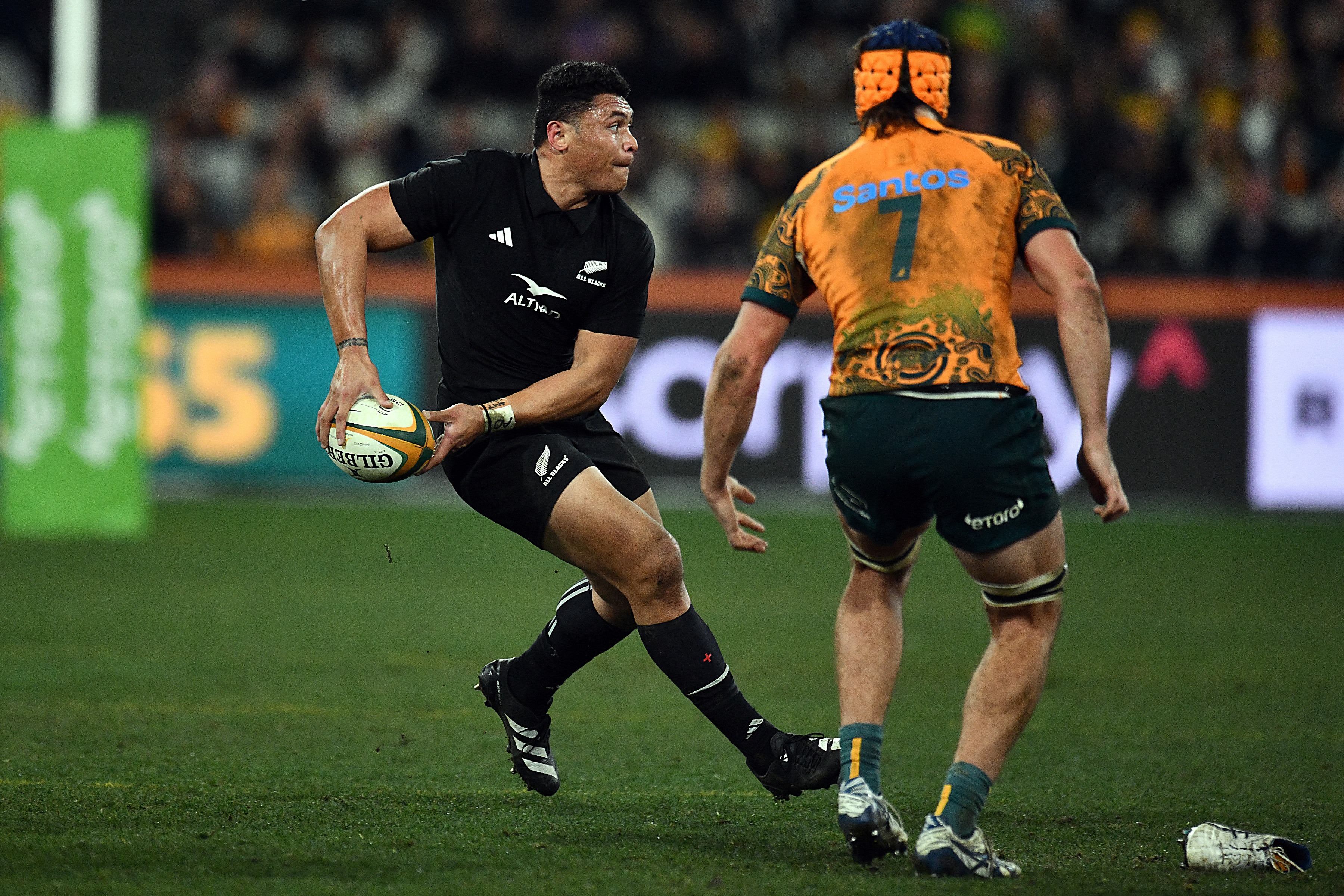 ALl Blacks Caleb Clarke in action during the Rugby Championship between Wallabies and All Blacks at the Melbourne Cricket Ground on 29 July 2023. Photo / Raghavan Venugopal / Photosport