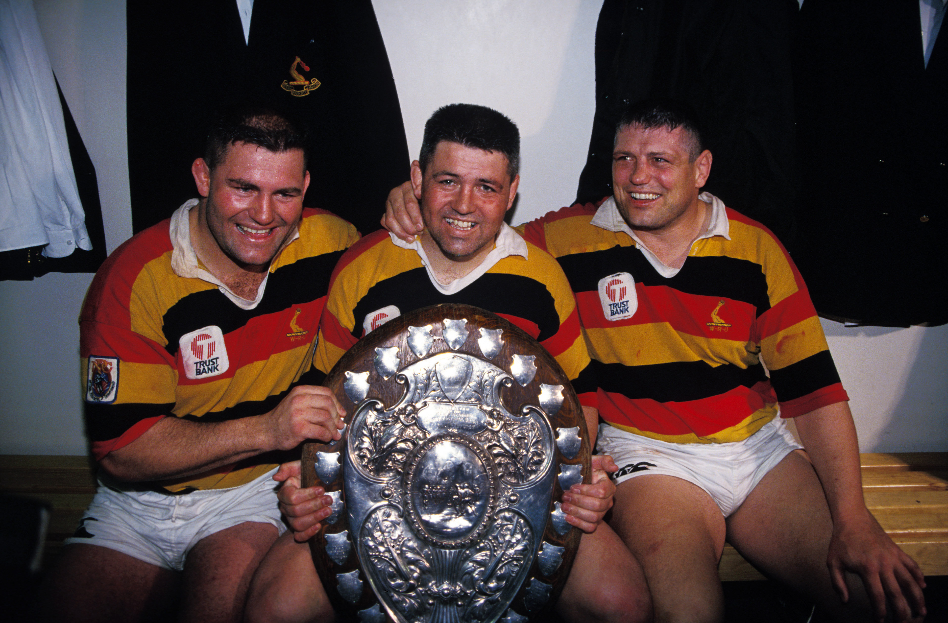 Craig Stevenson (from left), Warren Gatland and Graham Purvis with the Ranfurly Shield after winning it from Auckland in 1993. Photo / Photosport