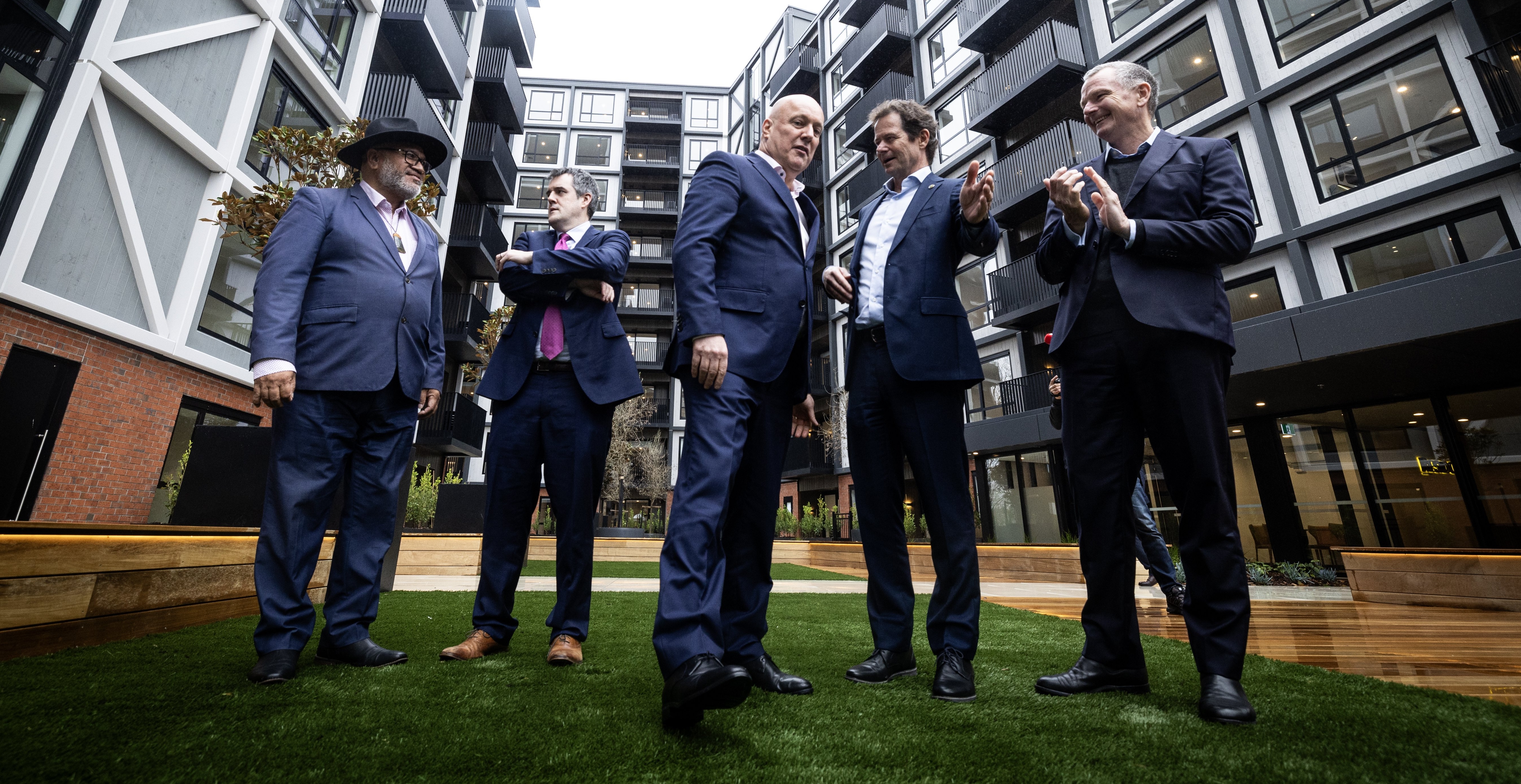 The opening ceremony of the Resido rental apartment complex in Mt Wellington.
From left, Hauauru Rawiri of Ngati Paoa, Housing Minister Chris Bishop, PM Christopher Luxon, Clive Mackenzie from Kiwi Property and Simon Shakesheff from Kiwi Property. Photo / Jason Oxenham