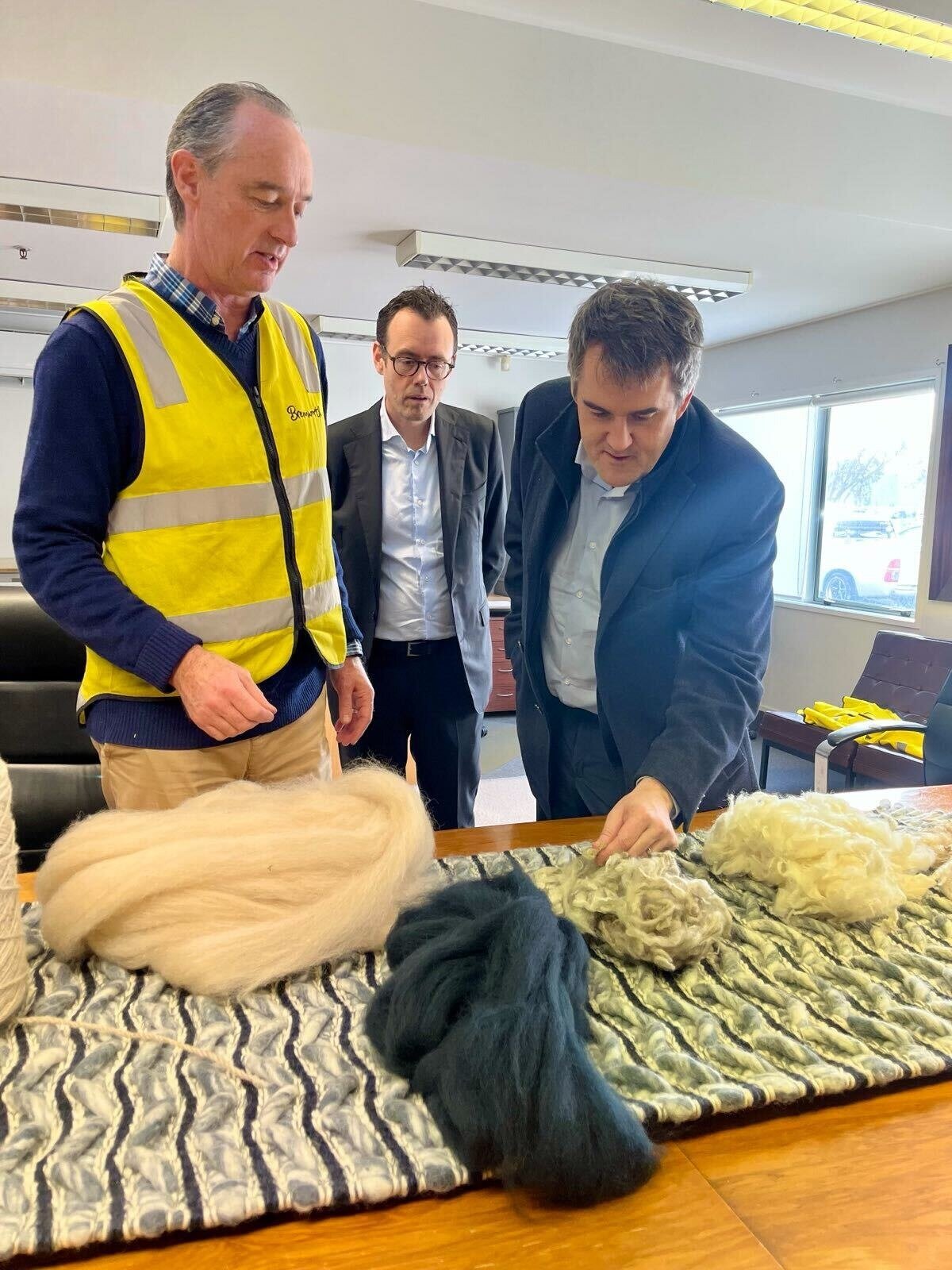 Bremworth plant manager Andrew Karl (left), Whanganui MP Carl Bates and Housing Minister Chris Bishop toured Whanganui's Bremworth plant yesterday.