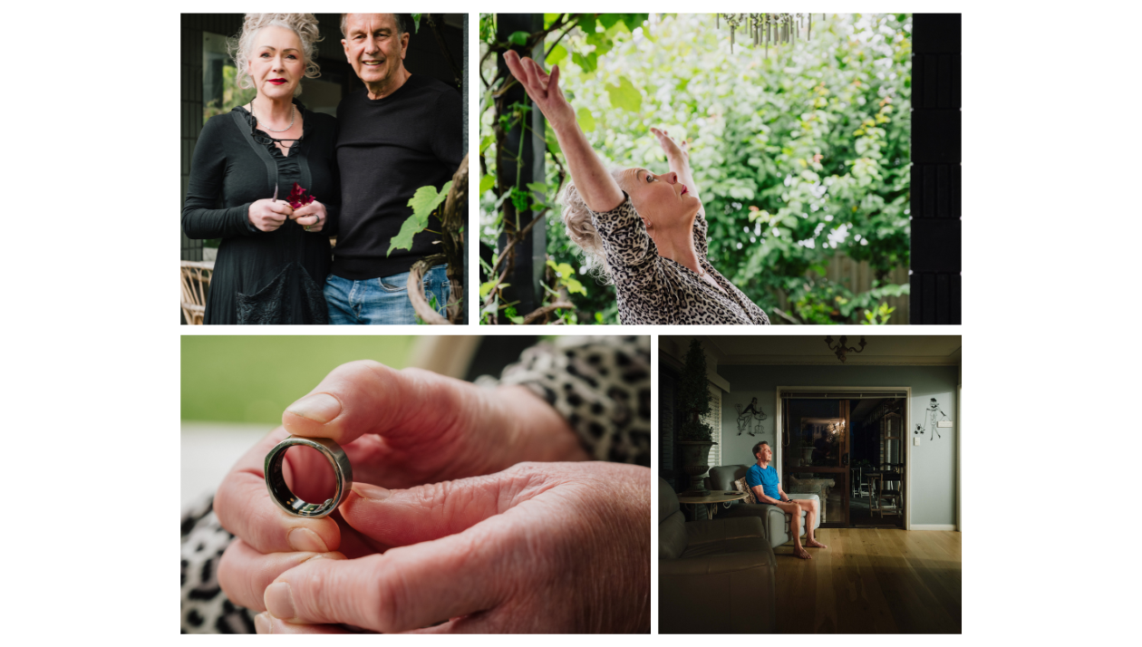 New regime: Exercise and meditation are all part of Astar Young and Paul Protheroe's lifetyle. They both wear Oura rings (bottom left), a device that tracks biometrics, including sleep and heart rate. Photos / Adrian Malloch