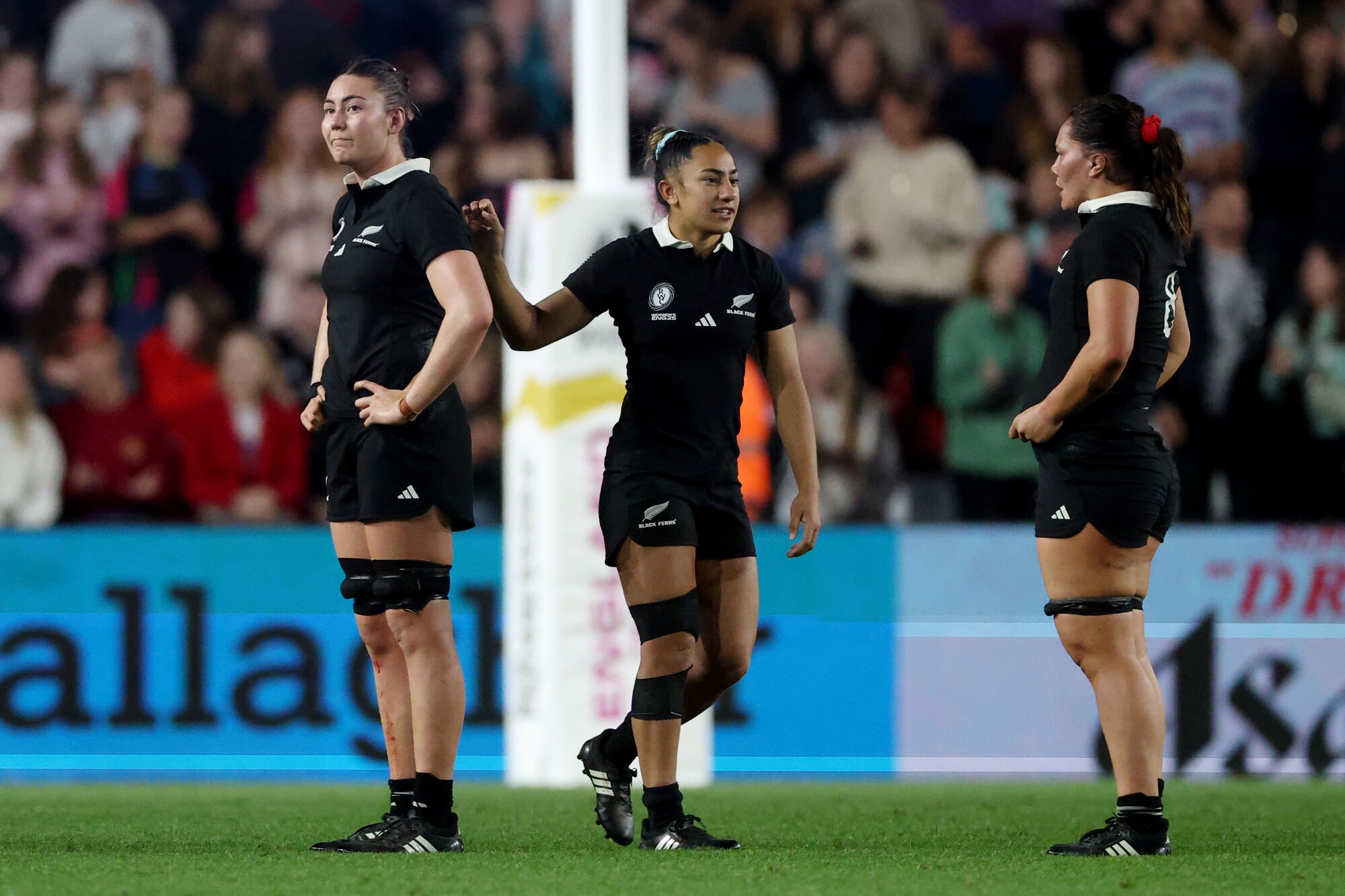 Maiakawanakaulani Roos, Risaleaana Pouri-Lane and Kaipo Olsen-Baker react to the Black Ferns' loss to Canada. Photo / Getty Images