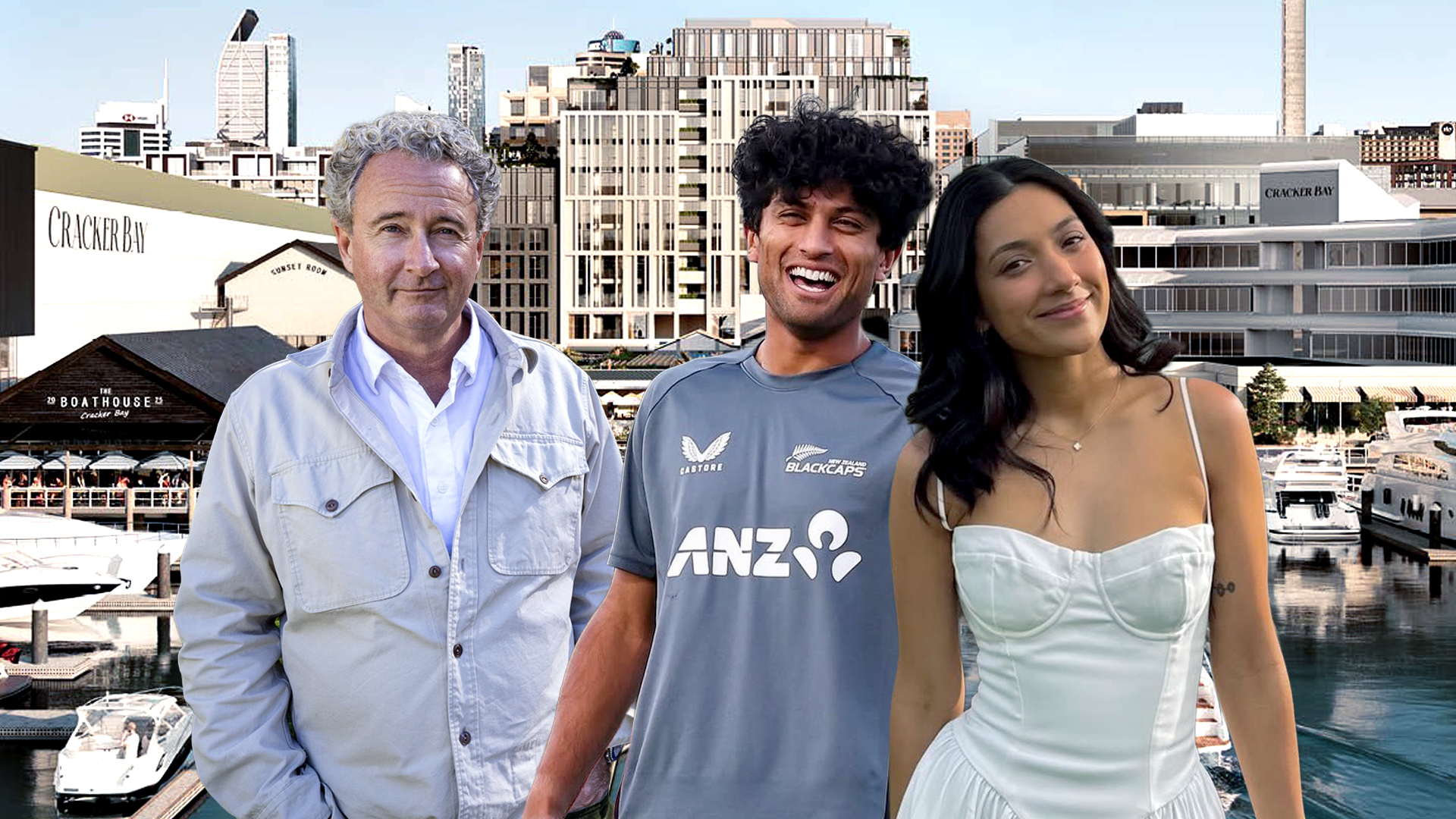 Rich Lister Chris Meehan (left) is hoping to recreate the success of his Queenstown hospitality hotspot Ayrburn in Auckland, with the opening of Bravo at Cracker Bay; cricket superstar Ravin Rachindra and girlfriend Sarah Hughes have moved in together in Wellington. Photo / Herald composite