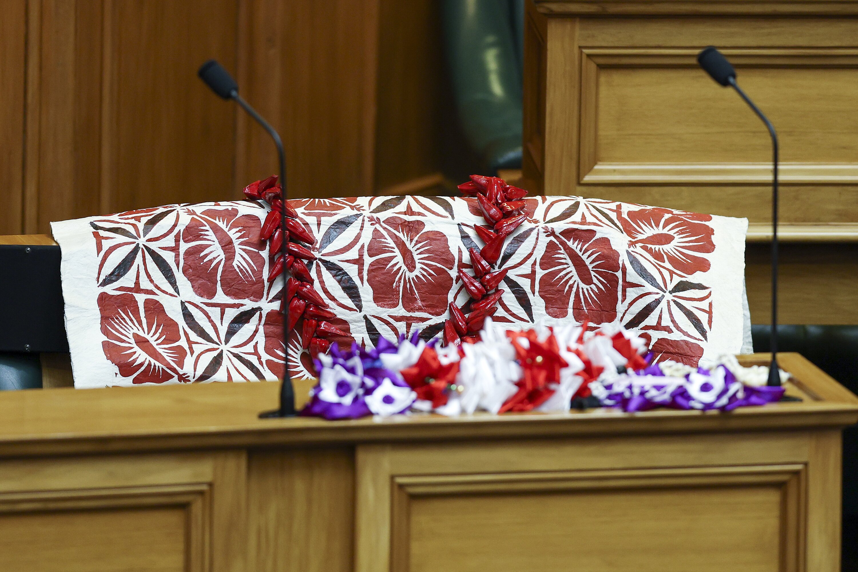 A tribute to Efeso Collins was arranged on his seat in the House soon after his death. Photo / Hagen Hopkins
