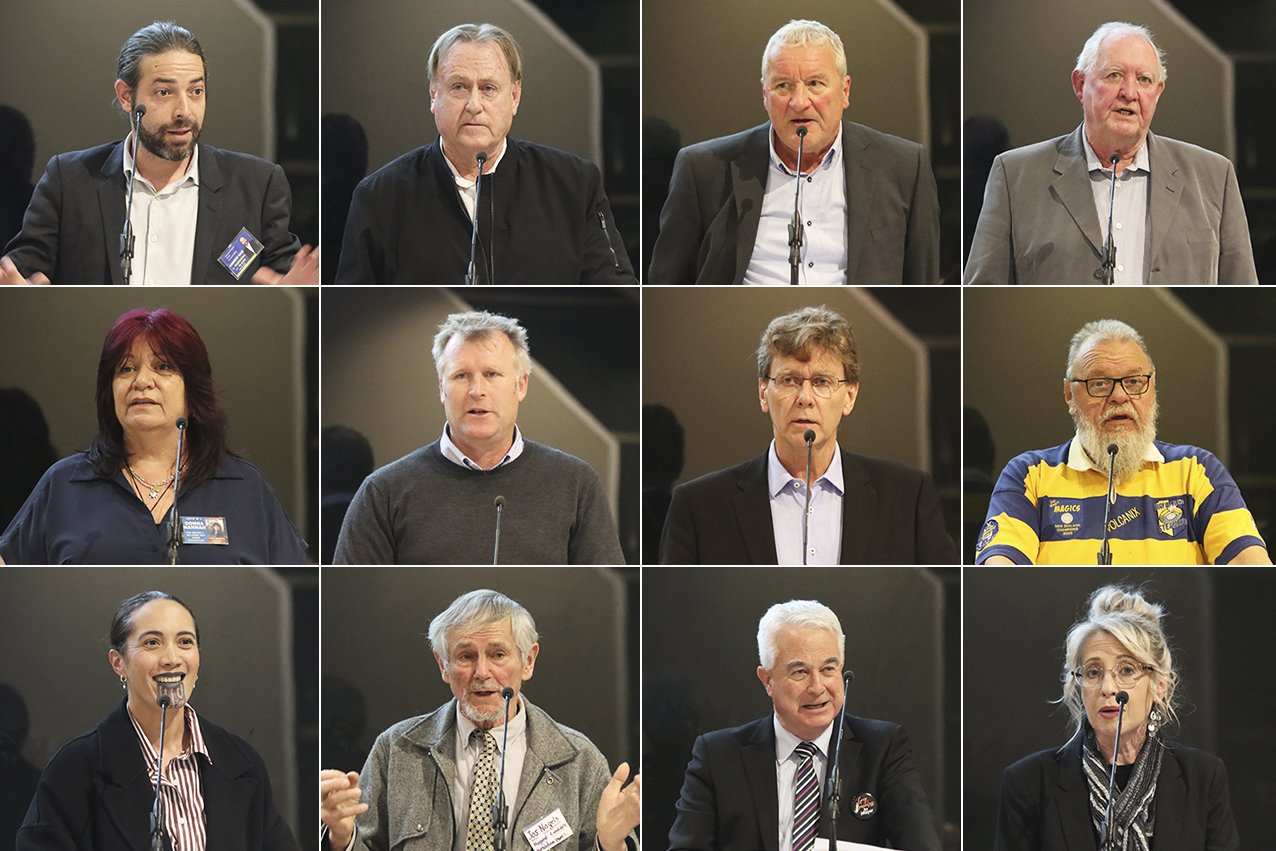 Tauranga mayoral contenders Andrew Caie, Doug Owens, Tim Maltby, Chudleigh Haggett, Donna Hannah, Mahé Drysdale, John Robson, Hori BOP, Ria Hall, Jos Nagels, Greg Brownless, Tina Salisbury.