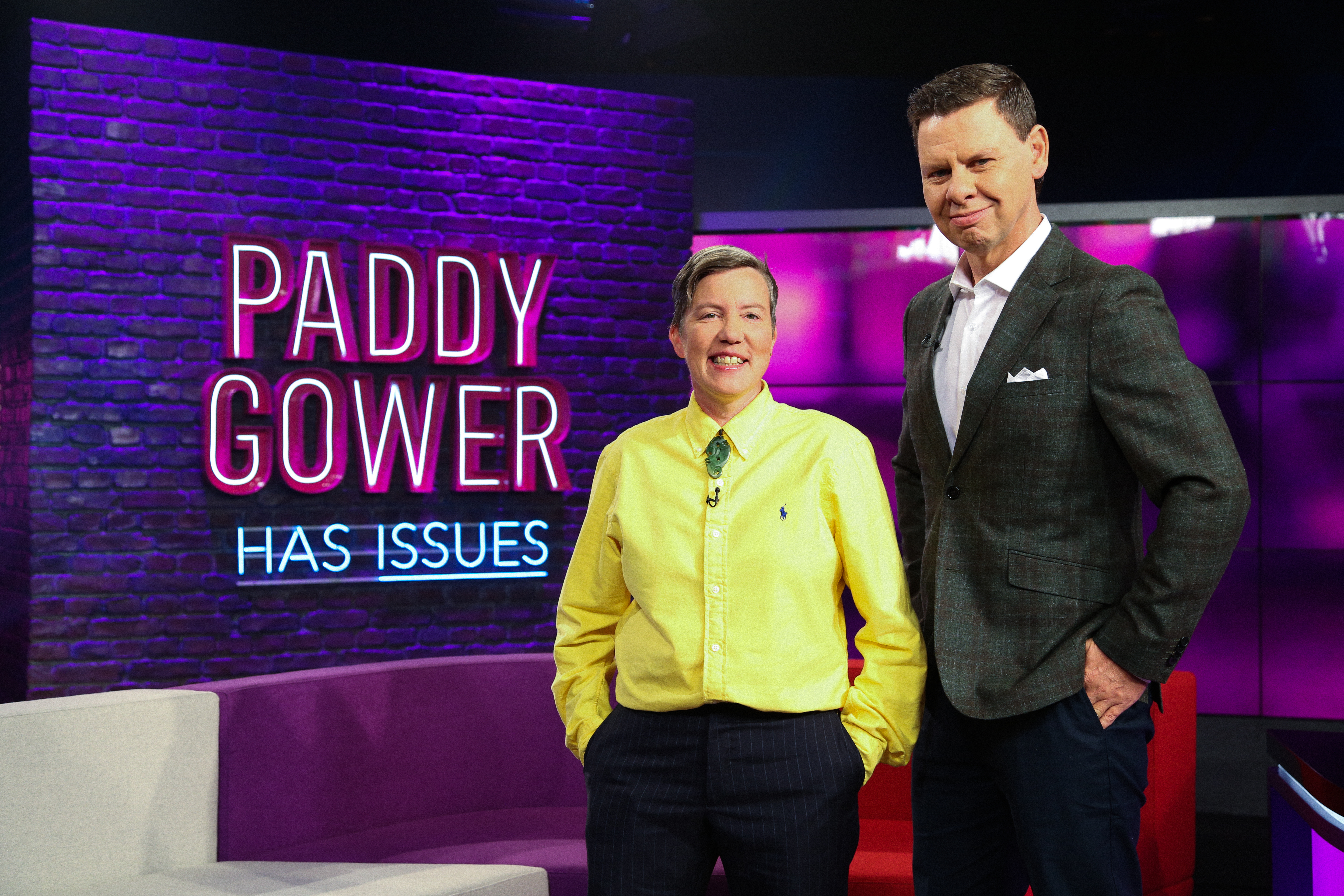 Paddy Gower and Karen O'Leary - on the set of Gower's new show. Photo / Three