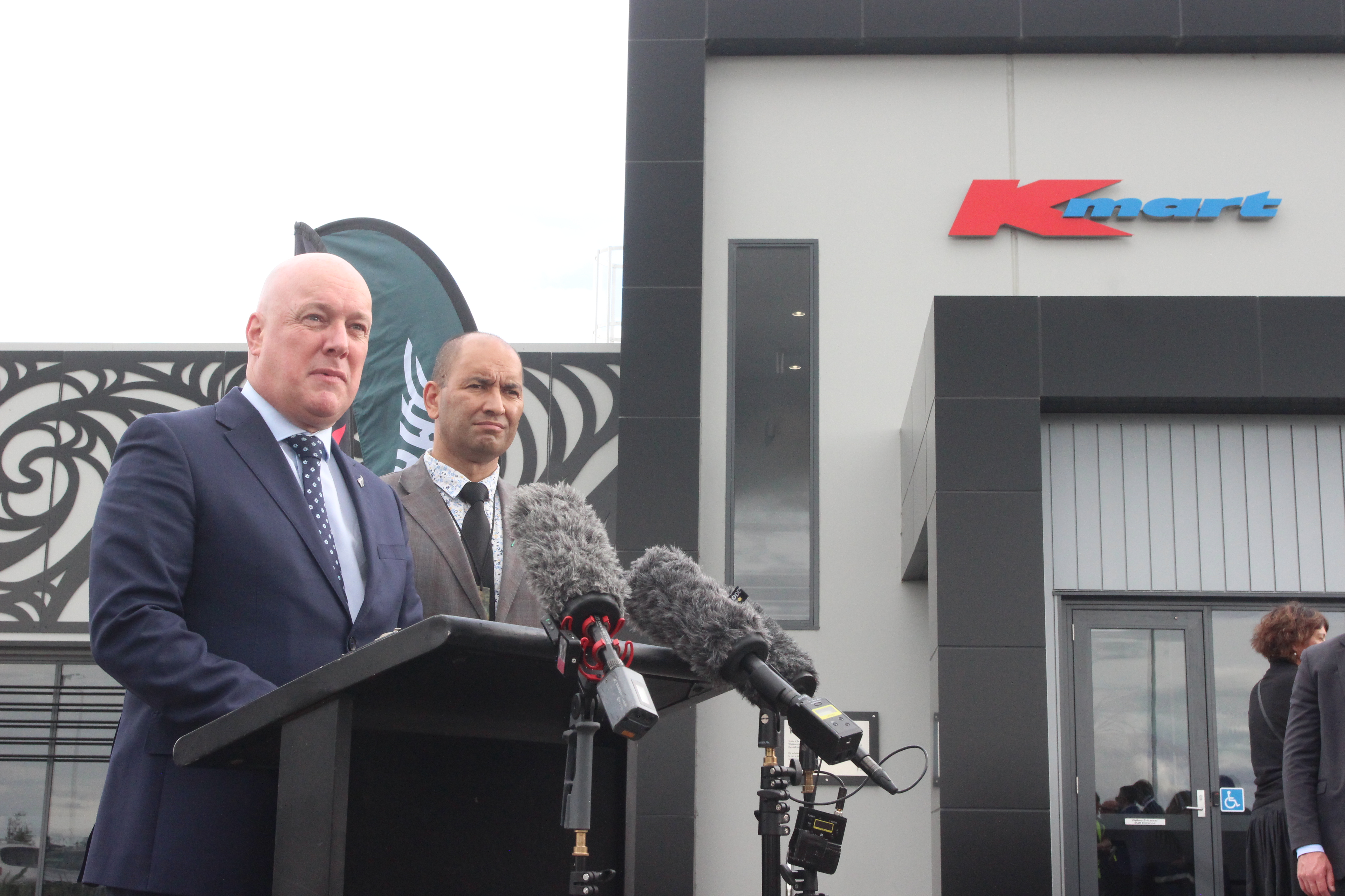 Prime Minister Christopher Luxon (left) and Hamilton West MP Tama Potaka at the Kmart Distribution Centre at the Ruakura Superhub in Hamilton in April. Photo / Danielle Zollickhofer