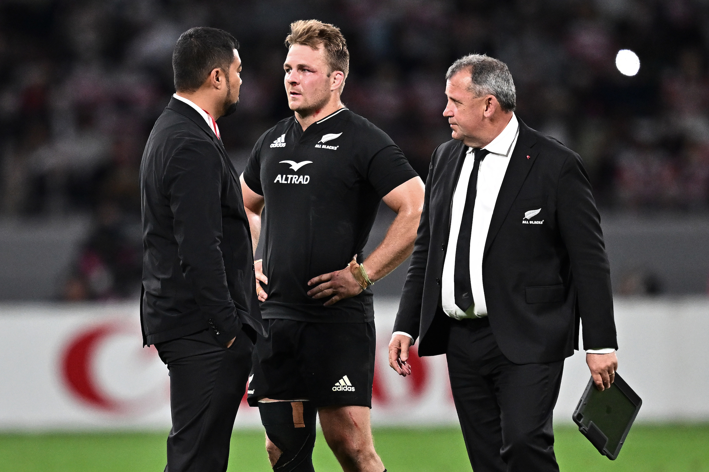 New Zealand captain Sam Cane (centre) and coach Ian Foster.  Photo / Tsutomu Kishimoto / www.photosport.nz