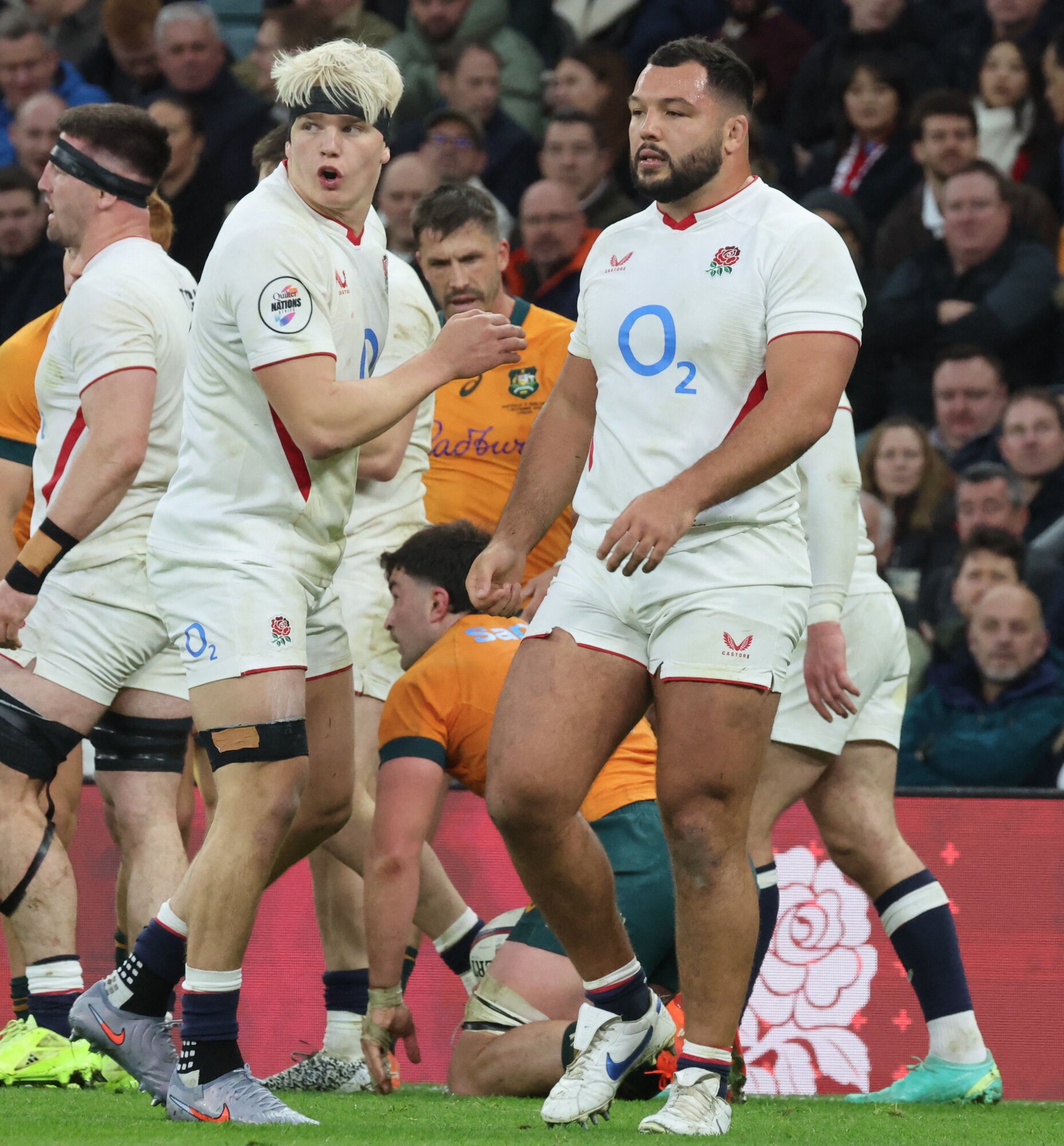 England's Henry Pollock (left), with teammate Ellis Genge during their match against Fiji at the weekend. Photo / AFP