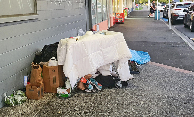 A shelter at the rear of the Big Save Furniture building on The Strand has become a makeshift home. Photo / Diane McCarthy