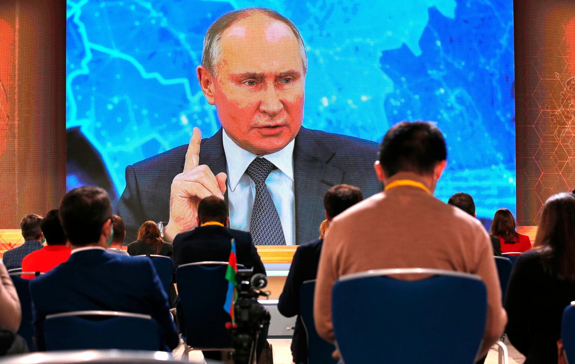 Russian President Vladimir Putin gestures as he speaks via video call during a news conference. Photo / Alexander Zemlianichenko, AP