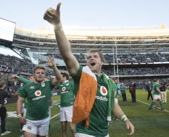 Ireland No.8 Jamie Heaslip celebrates their win against the All Blacks. Photo /Brett Phibbs