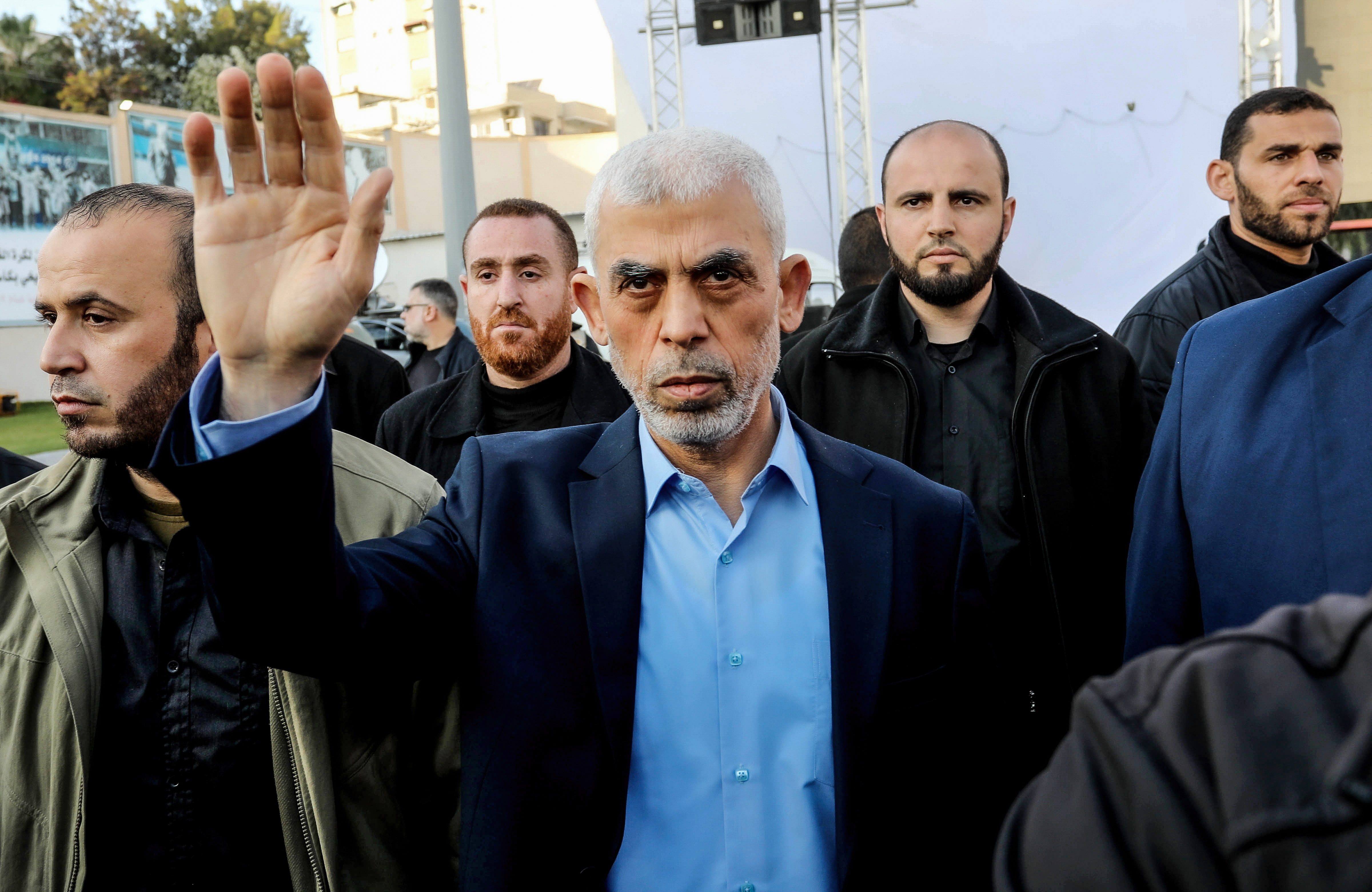 Yahya Sinwar, head of the Palestinian Islamic movement Hamas in the Gaza Strip, waves his hand to the crowd during the celebration of International Quds Day in Gaza City. Photo / Getty