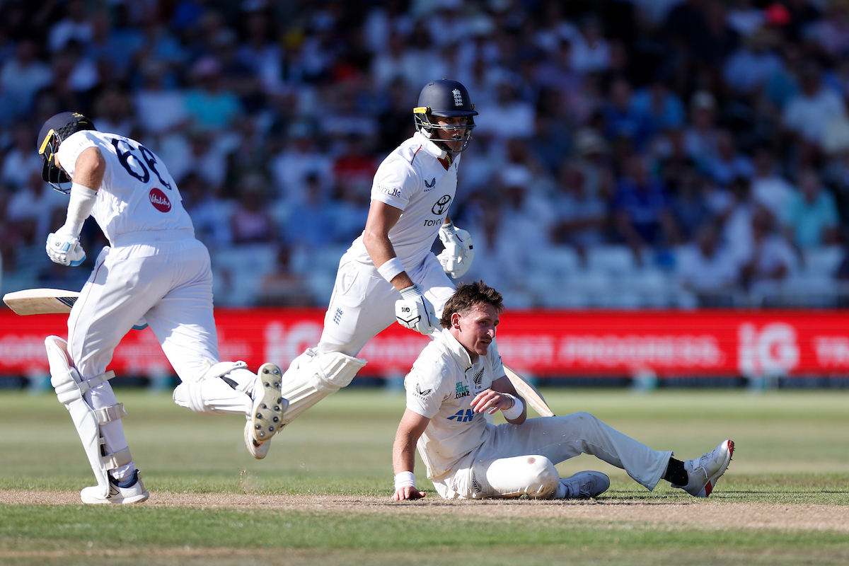 Nathan Smith toils on day two of the third test between the Black Caps and England in Nottingham. Photo / Photosport