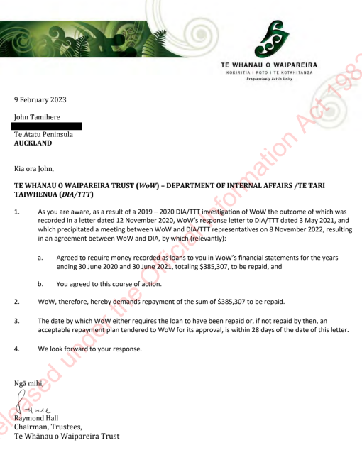 A letter of demand for repayment of political donations sent by Waipareira to its chief executive John Tamihere in February. Source: OIA