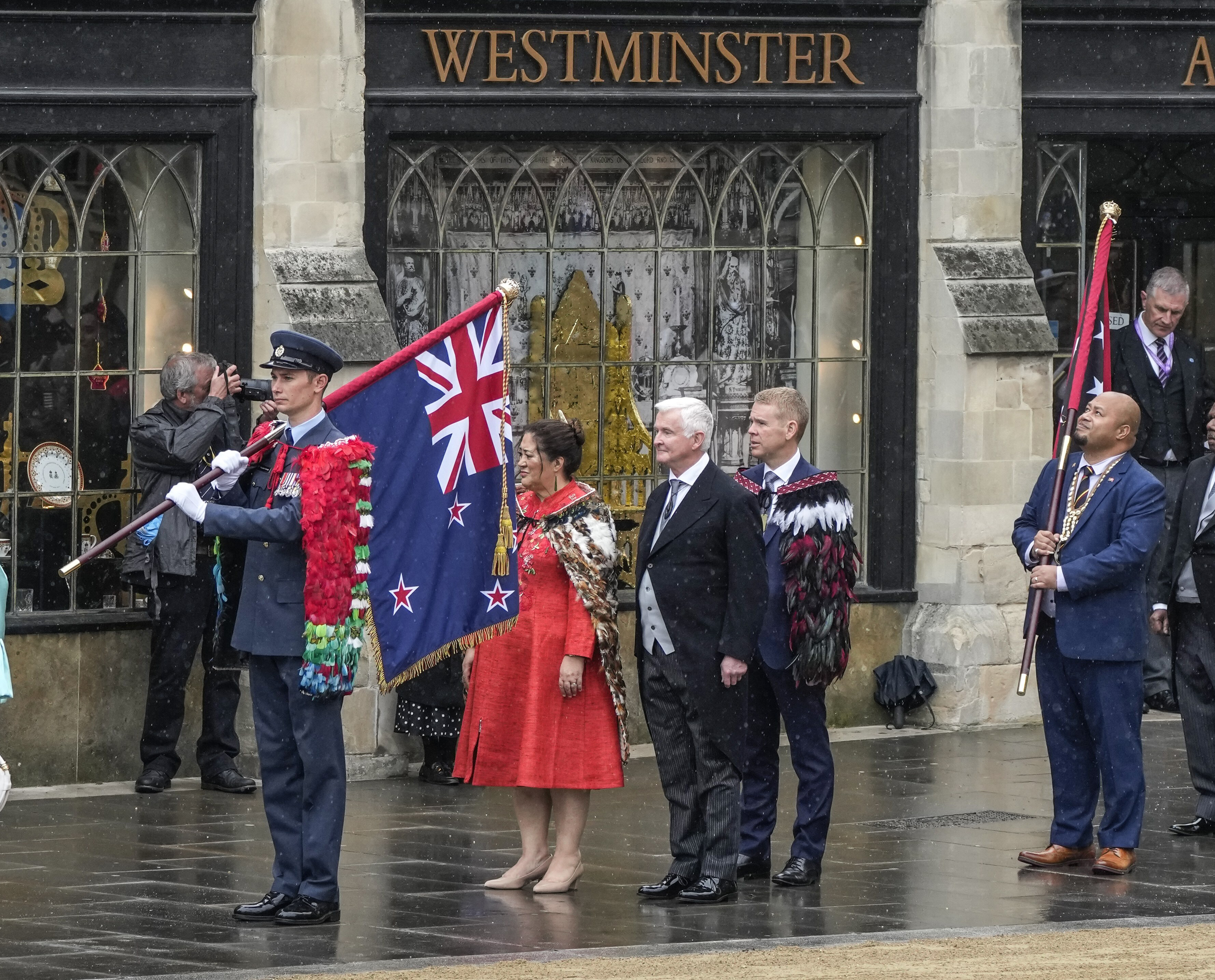 Dame Cindy Kiro Governor General New Zealand and Prime Minister Chris Hipkins and guests arrive prior to the coronation ceremony. Photo / AP