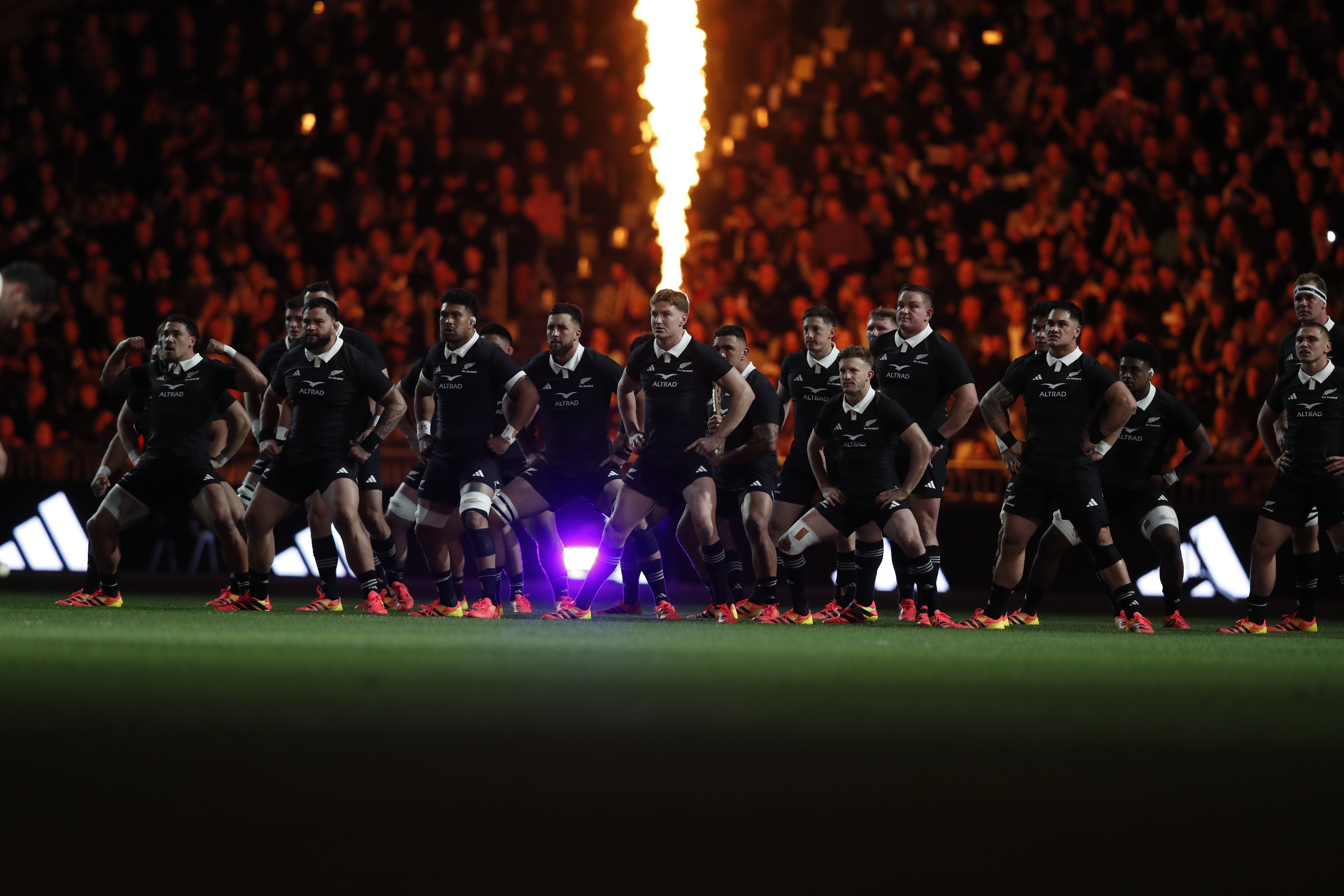 The All Blacks haka against France in Christchurch. Photo / Alyse Wright